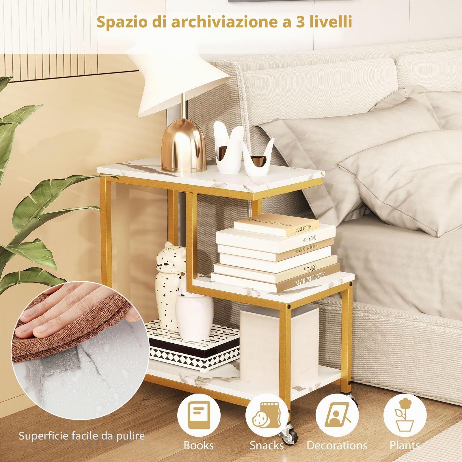 LIFEZEAL Tavolino da Salotto con 4 Ruote, con Effetto di Marmo, Tavolino da Caffè, Tavolino Lato Divano Decorativo, Salvaspazio, Moderno, a 3 Ripiani, Telaio in Acciaio, Max 50 kg, 60x30x59 cm, Oro