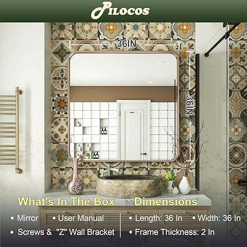 Miniatura 3 de Espejo redondo negro para pared, espejo de baño circular grande de 36 pulgadas con textura acanalada, marco de metal de aleación de aluminio, espejo