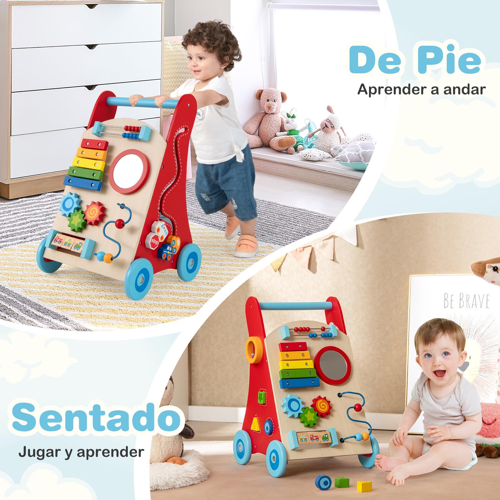 GOPLUS Andador de Madera Montessori con Asa y Almacenamiento
