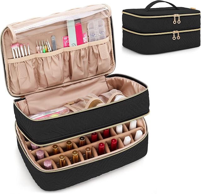 BAFASO Double Layer Nail Polish Organiser Holds 40 Bottles (15ml - 0.5 fl.oz), Nail Polish Case with Manicure Tools Storage Sections (Bag Only), Black (Patented)