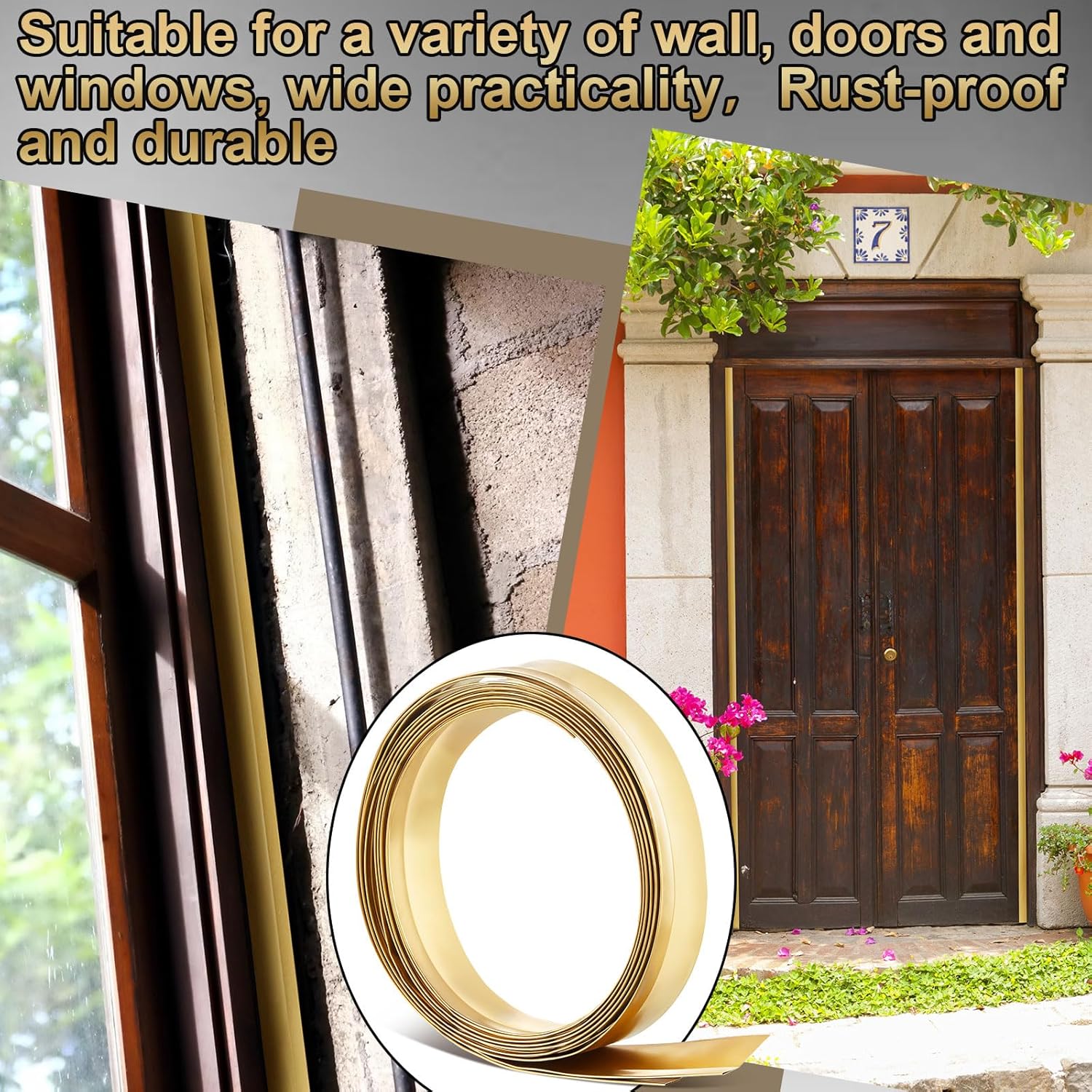 Zonon 1-1/8" W x 17.72' L Spring Bronze Weather Stripping Metal Brass Weather Strip Copper Weatherstripping for Exterior Old Door or Window Seal with Mounting Nails(Flat)