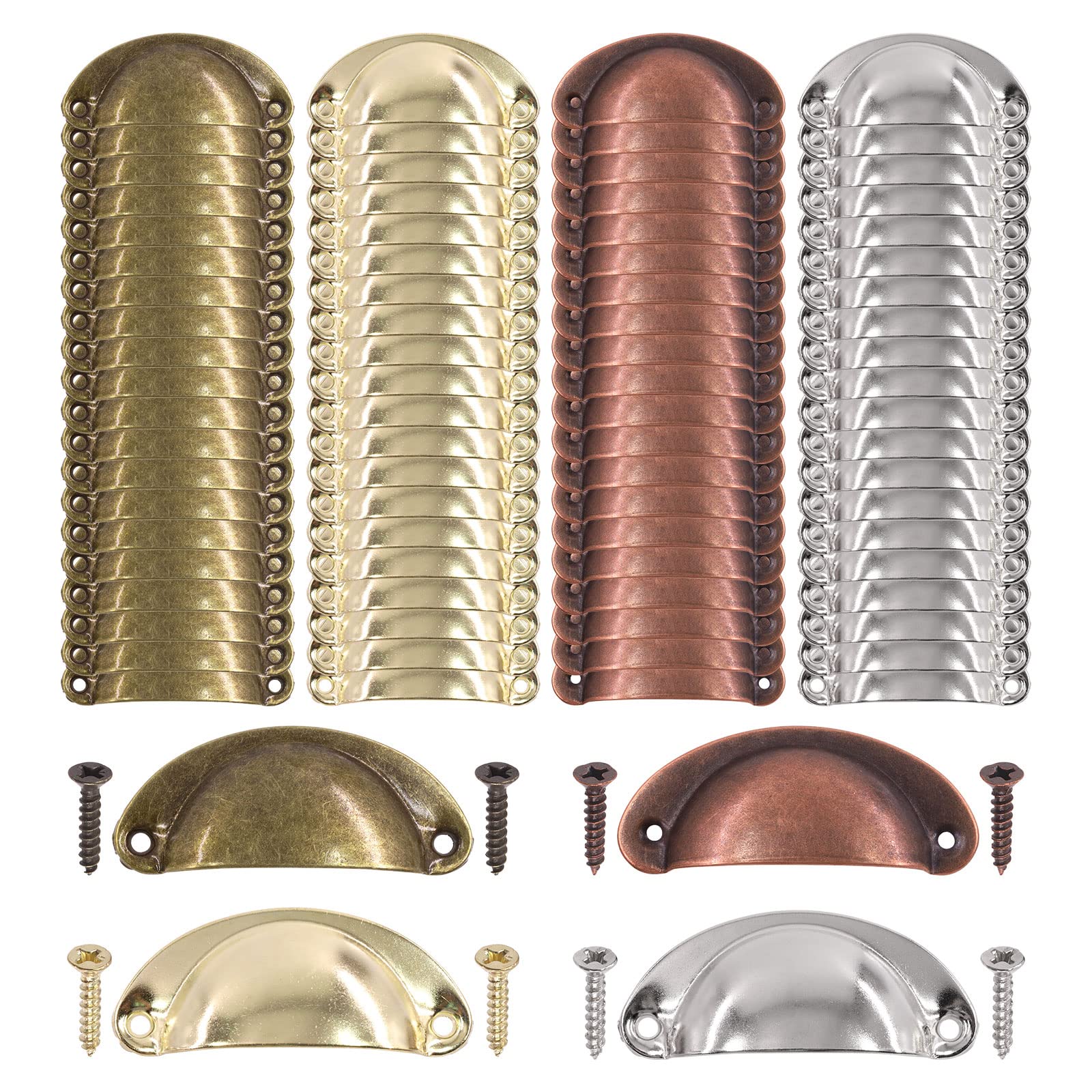 60Pcs Gold Shell Cup Handle with Screws, Metal Iron Half Moon Cupped Drawer Shell Pulls Knobs Handle Vintage Door Knob Pull Handles for Furniture Wardrobe Dresser Cabinet