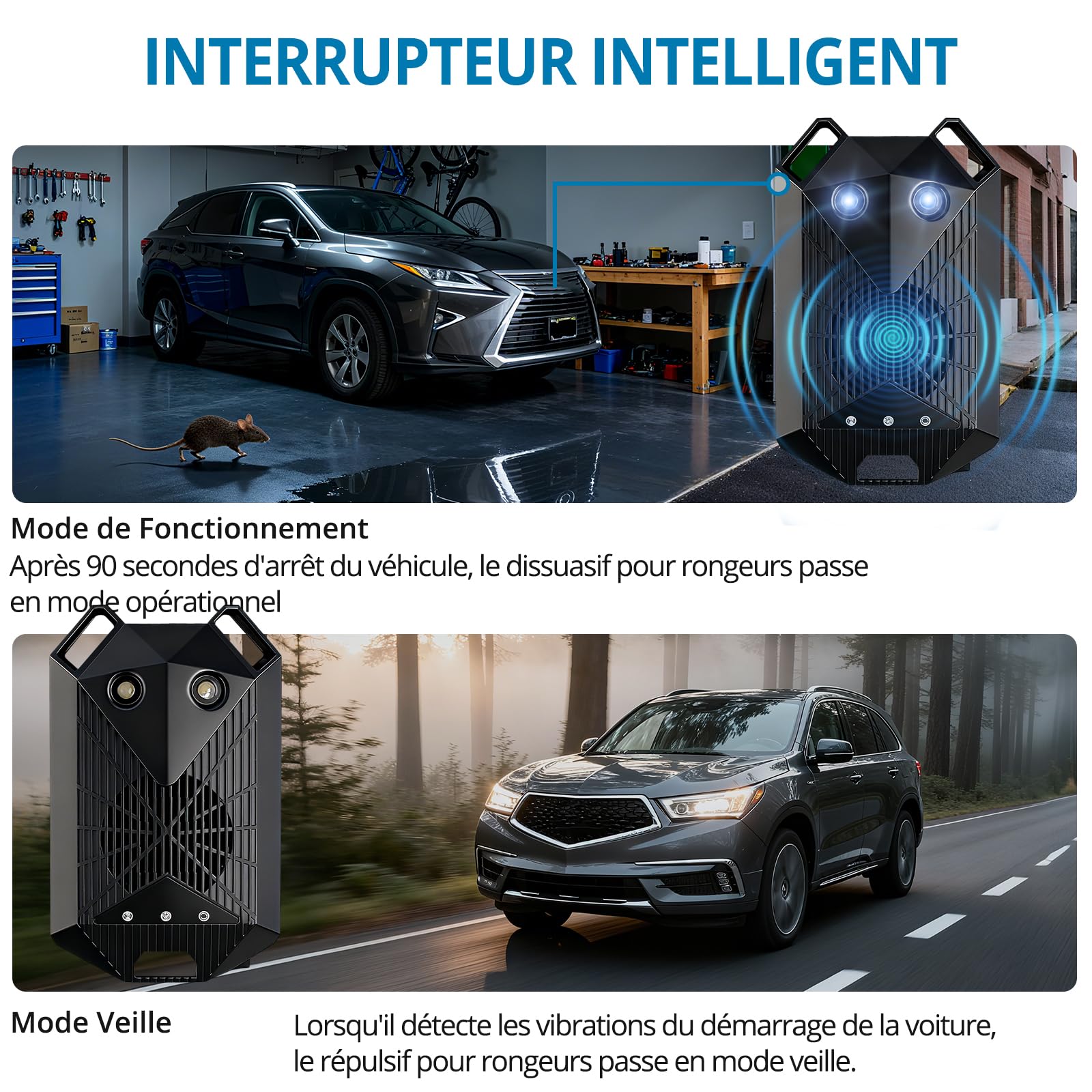 AUTOUTLET 2PC Répulsif Ultrason Souris pour Voiture 3 en 1 Répulsif Ultrason Rongeur Connexion électrique du véhicule/Câblage USB/Batterie Démarrage/arrêt Automatique avec Ligne d'Extension 80cm