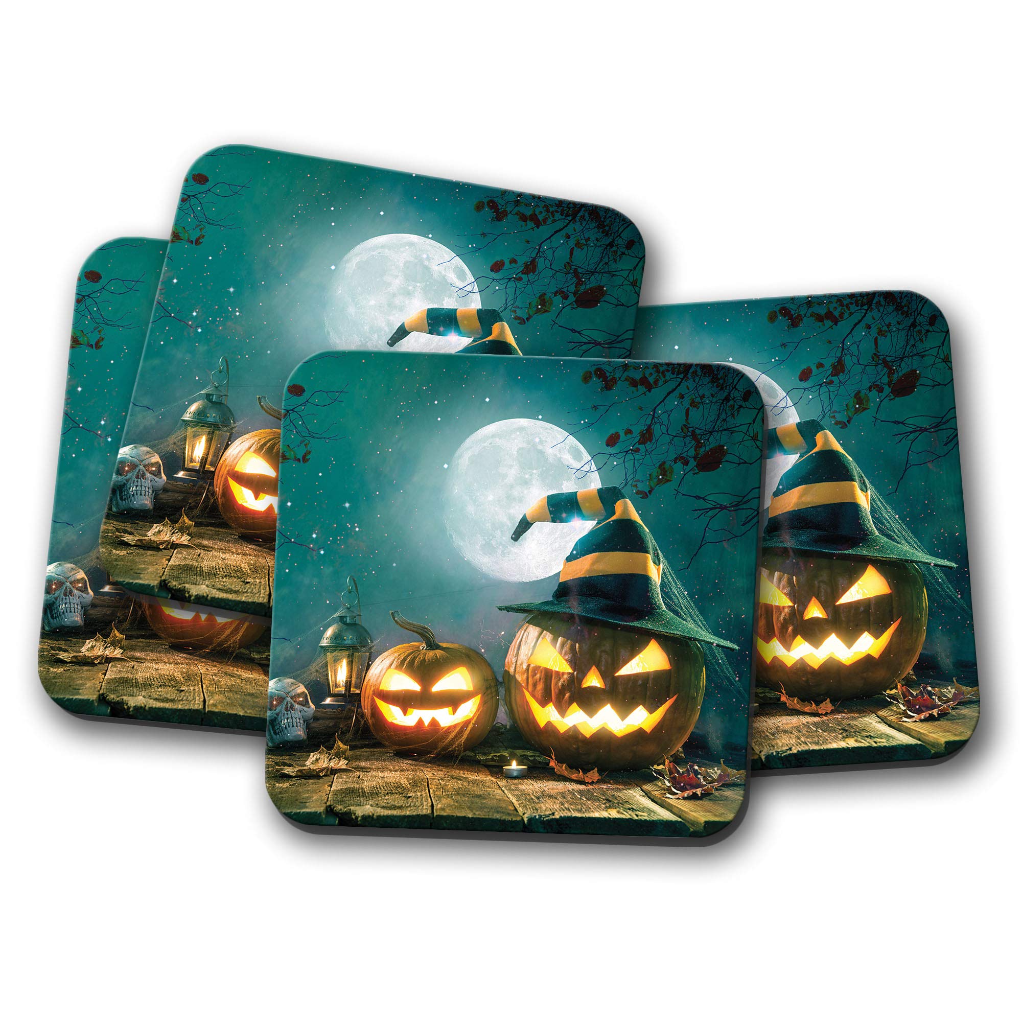 4 Set - Spooky Pumpkins Coaster - Halloween Full Moon Skull Lantern #14882
