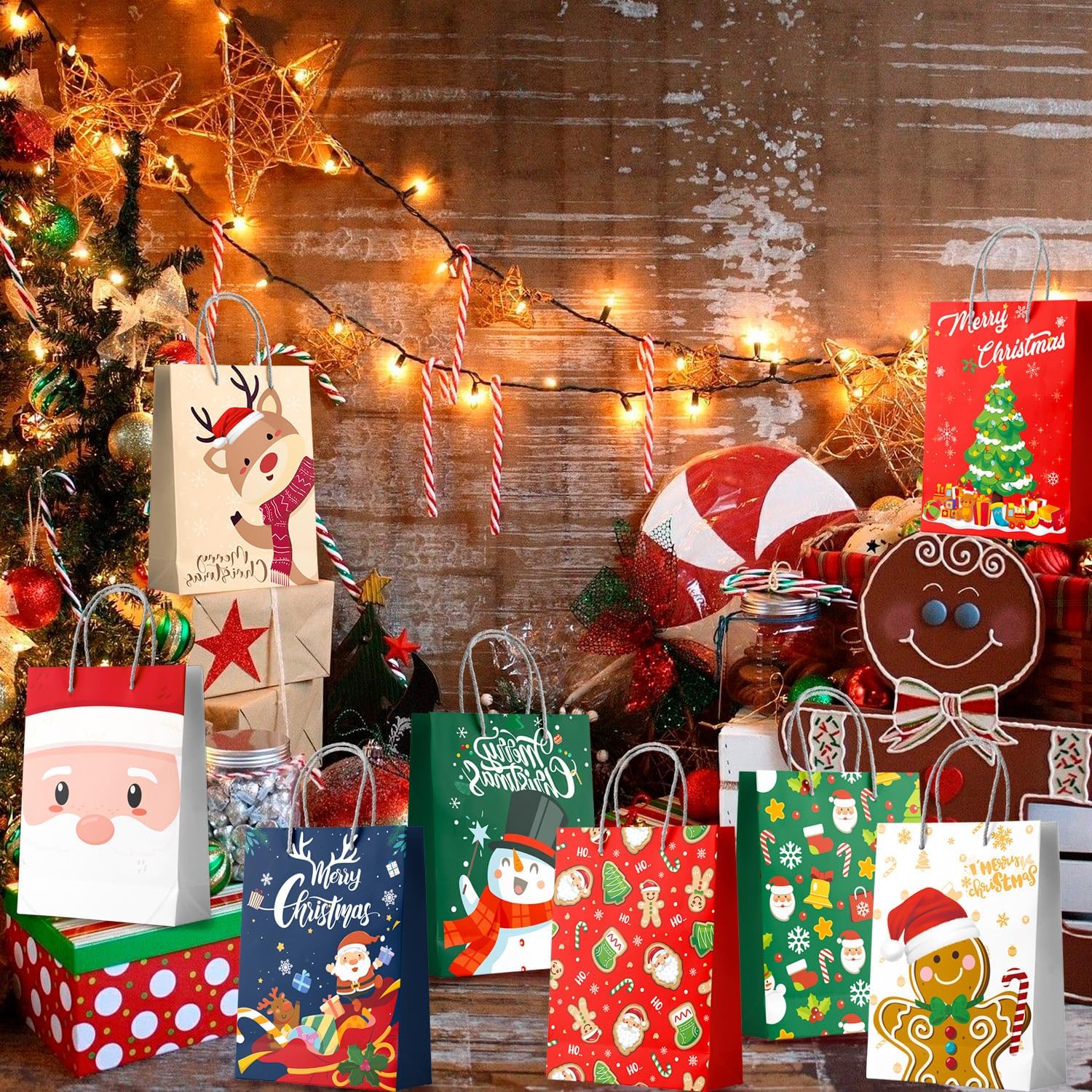 24 Pcs Christmas Party Favor Bags Bulk, Christmas Xmas Gifts Wrapping Bags Santa's Party Gift Paper Bags with Handles for Christmas Party Decorations Presents - Image 3
