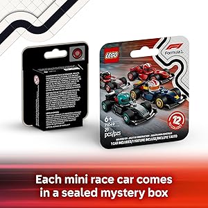 LEGO F1 Collectible Race Cars, 6 Pack - Building Set for Boys & Girls, Ages 6+ - Birthday Party Favor or Gift - Mystery Box W/Surprise F1 Car Toys - Travel Toys for Kids - 66796