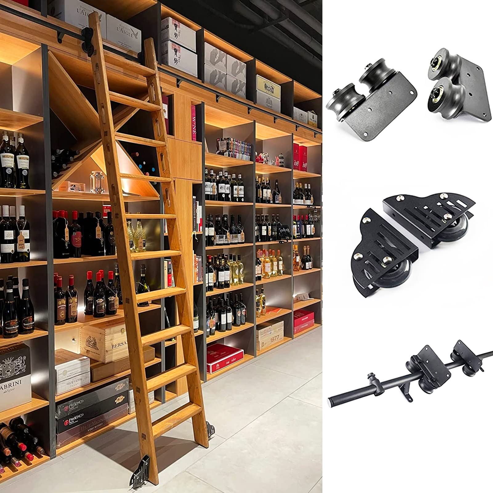 Kit quincaillerie échelle coulissante 3,3-20 pi avec rail noir et roulettes de sol pour maison