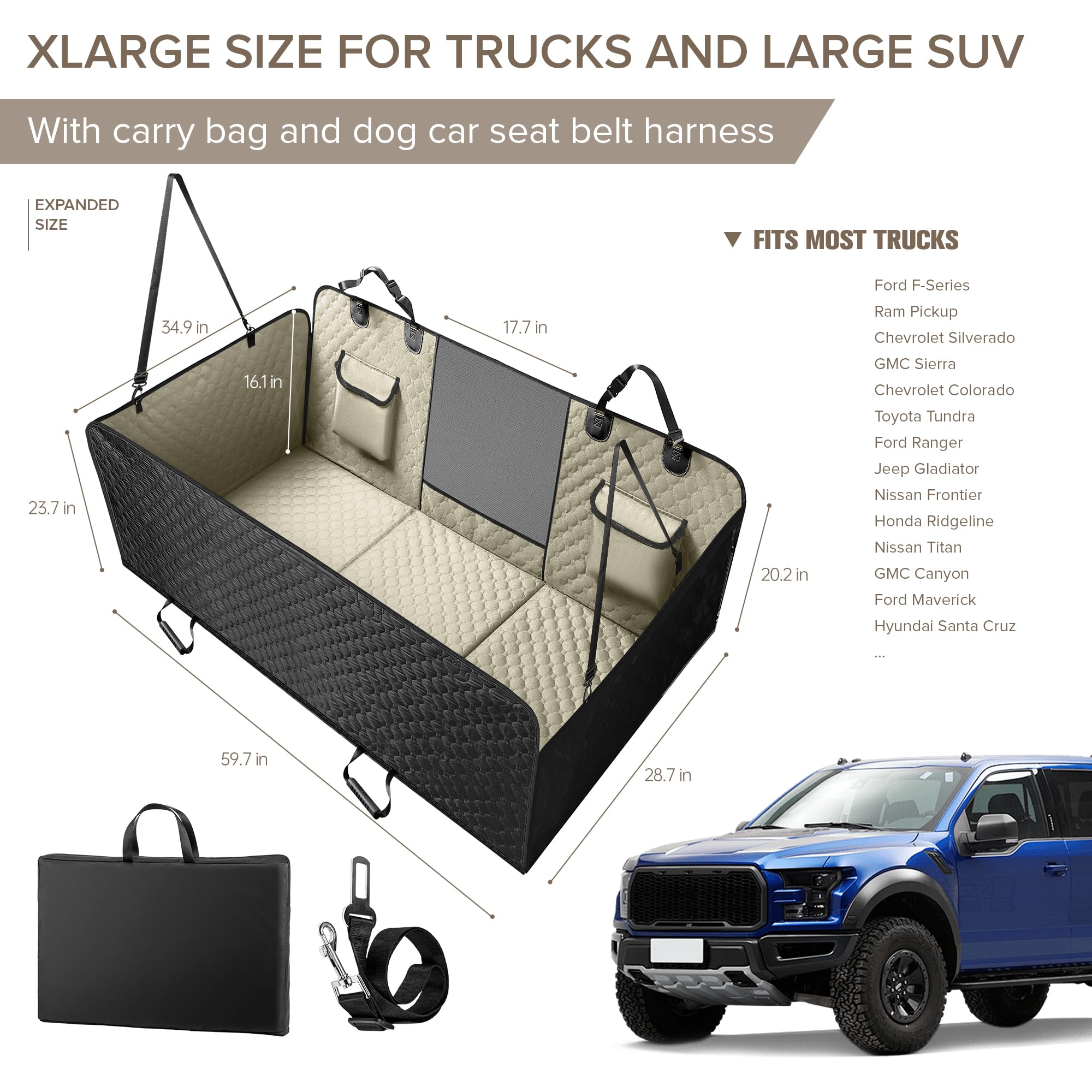 SHARLOVY Extensor de asiento trasero de camión XL para perros, cubierta de asiento de coche para perros de fondo duro grande para asiento trasero, hamaca de coche para perros de servicio pesado