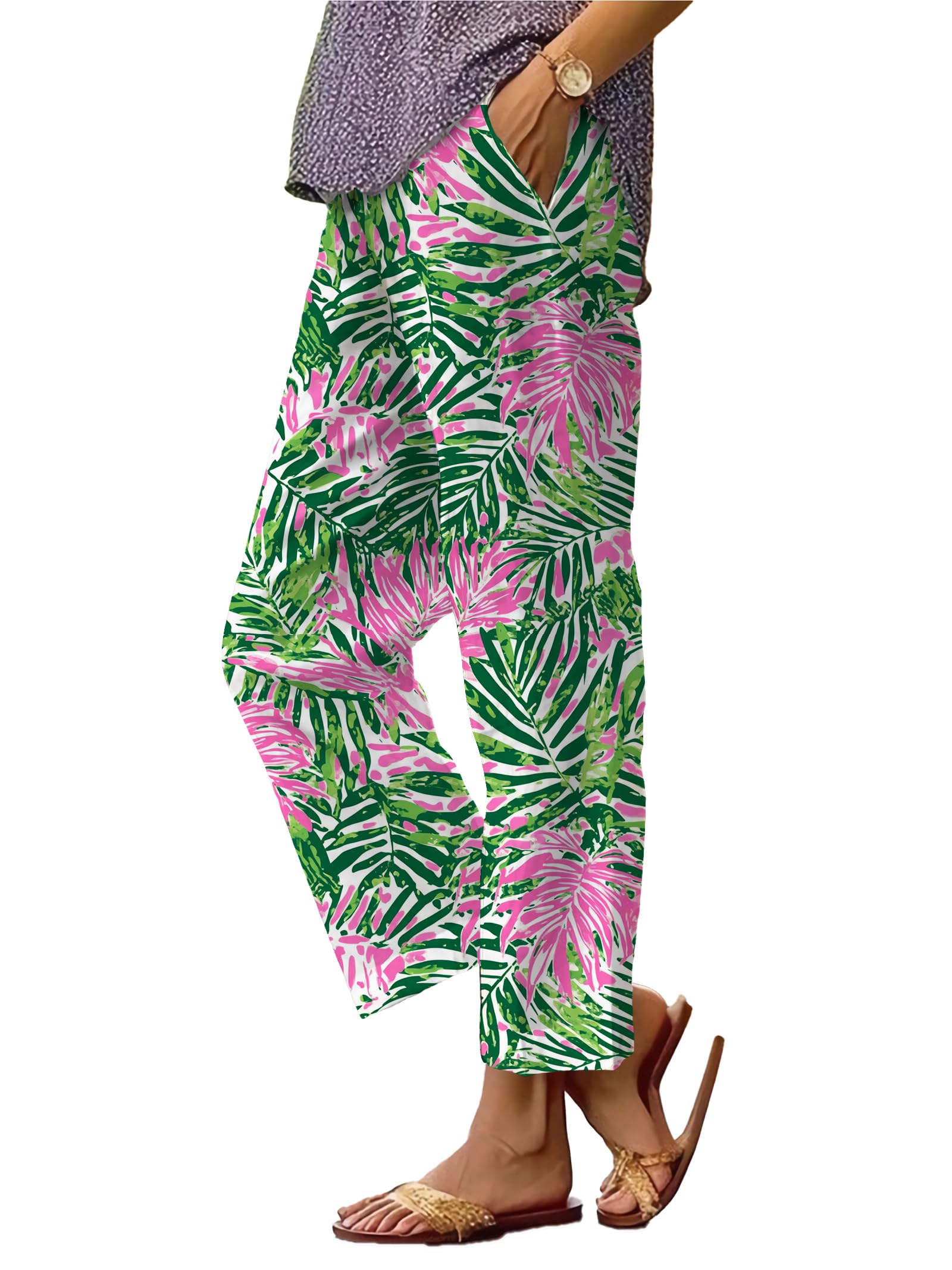 DMOYALA Summer Linen Pants for Women Casual Wide Leg Pants Plus Size Palazzo Pants Drawstring Elastic Waist Boho Pants