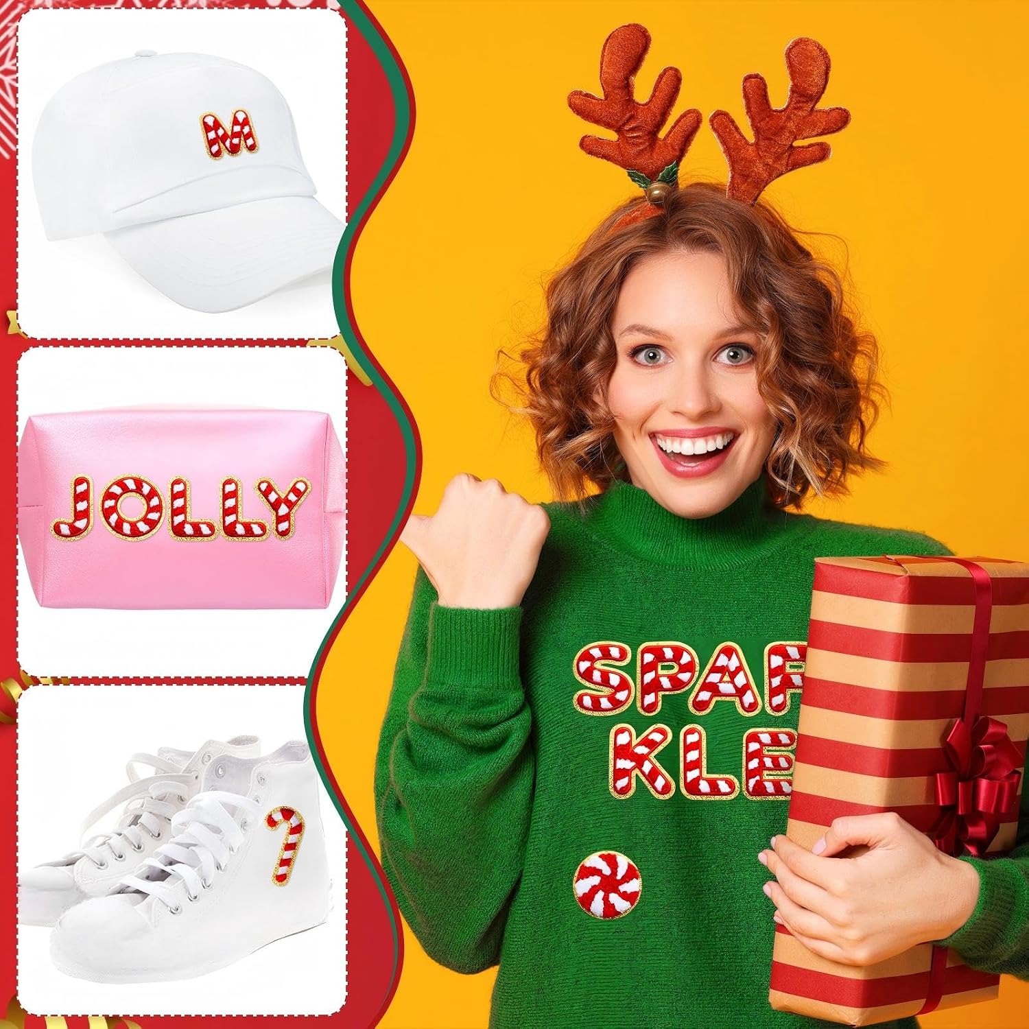 WILLBOND 28 Pcs Red White Christmas Candy Chenille Patches, Self Adhesive Letter Candy Cane Embroidered Patches for Clothing Jackets Backpacks Christmas Party DIY Accessories