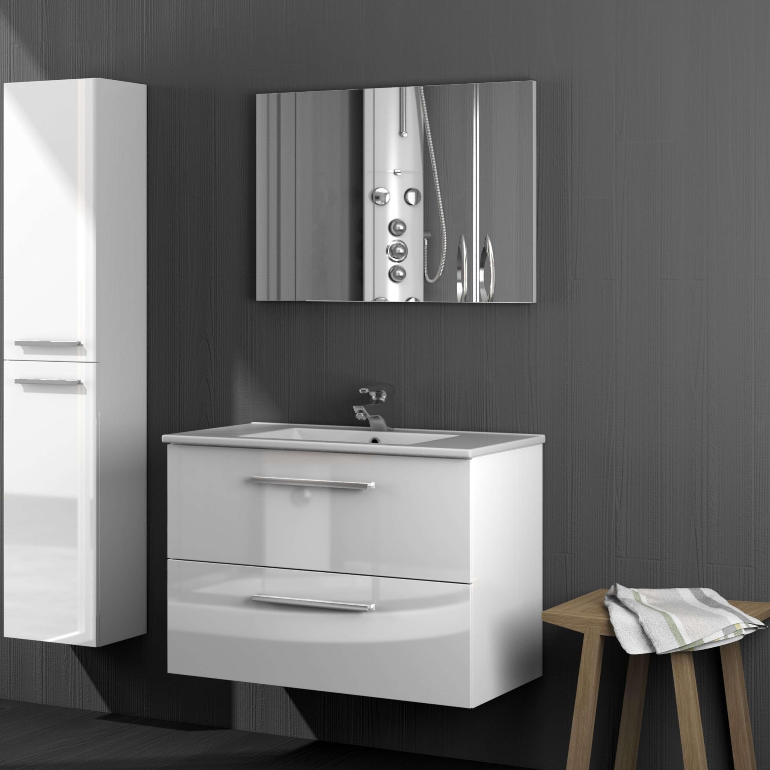 ONDÉE - Mueble de baño de la colección Aruba - Moderno y Práctico - Encimera de cerámica con Lavabo Extra Plano - Espejo Incluido - Entregado en Kit - Ancho 80 cm - Lacado Blanco