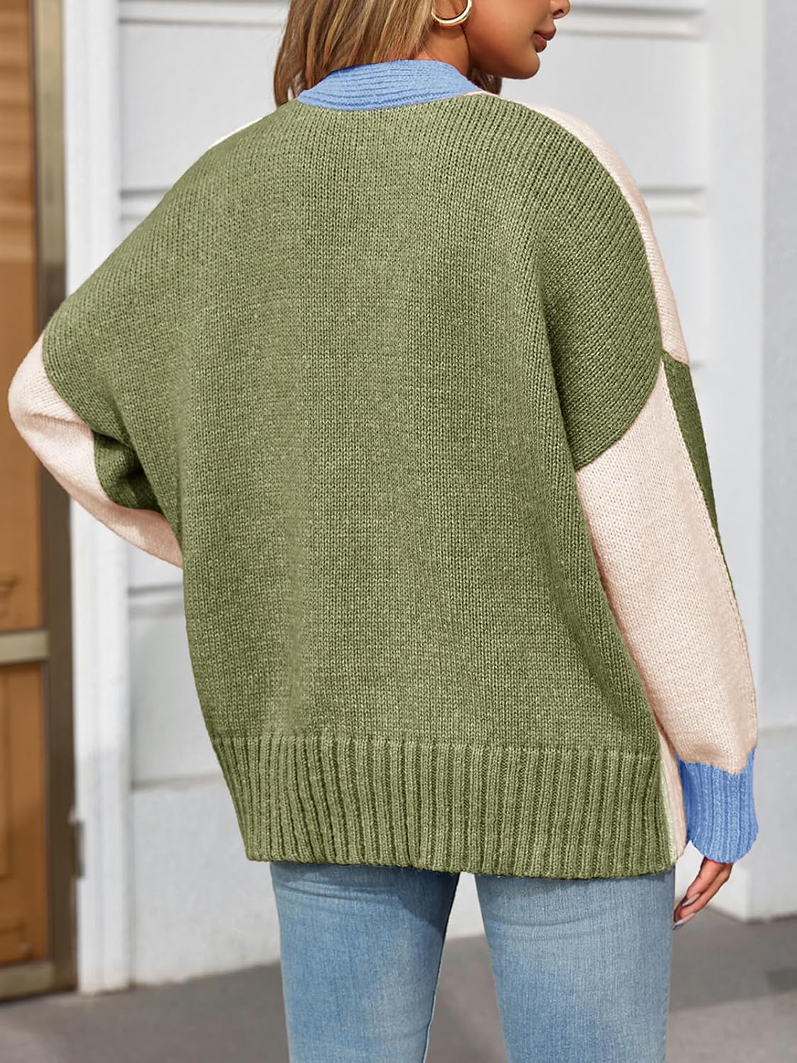 Saodimallsu Womens V Neck Cardigan Sweaters Color Block Button Oversized Long Sleeve Open Front Knit Sweater Coats - Image 5