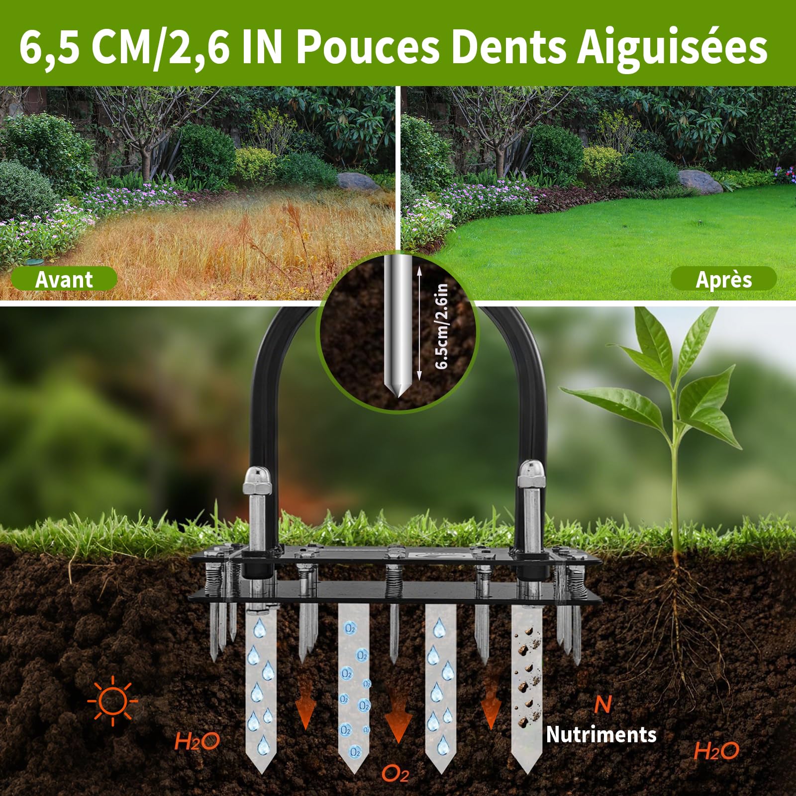 Scarificateur Gazon 96 cm, Aérateur Gazon avec 15 Pointes en Fer, Ne Colle Pas à La Terre, Scarificateur Pelouse pour Pelouse, Cour et Jardin