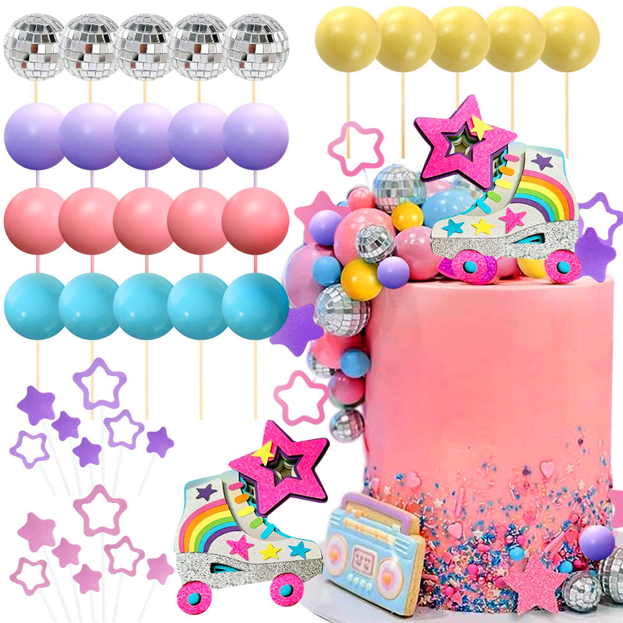 JeVenis Luxury Roller Skate Cake Decorations - Disco Ball & Girl Cake Toppers for 80s & 90s Roller Skating Party Supplies