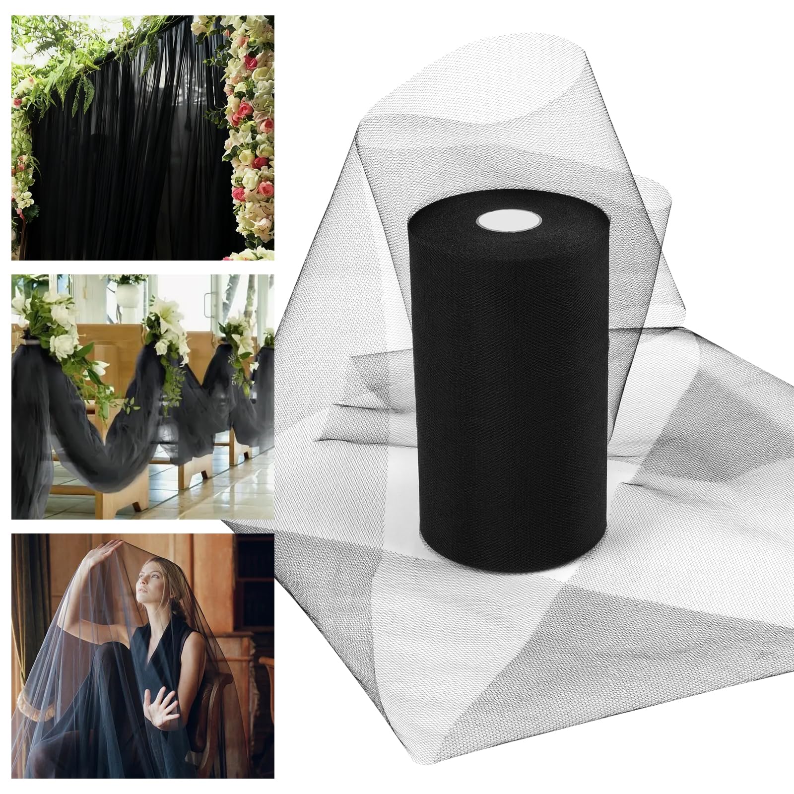 Alaoo Black Tulle Fabrics Roll, 15CMx91M Black Mesh Netting Fabric, Wedding Decoration Mesh for Table Runner Present Wrapping DIY Sewing Crafts Wedding Party Decorations — image 1
