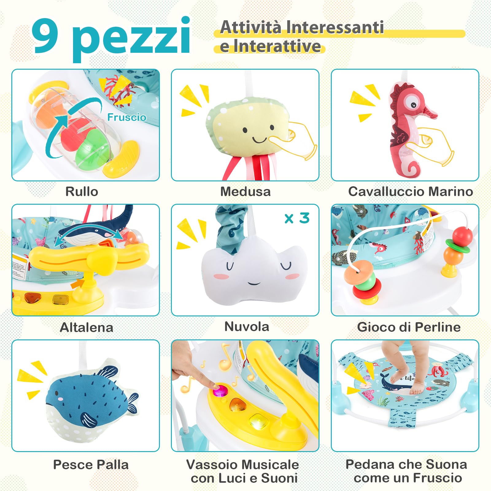 COSTWAY Jumperoo per Bambini, Centro Attività Saltella con Altezza Regolabile, Sedile Girevole 360°, Luci e Suoni, 6+ Mesi, Azzurro