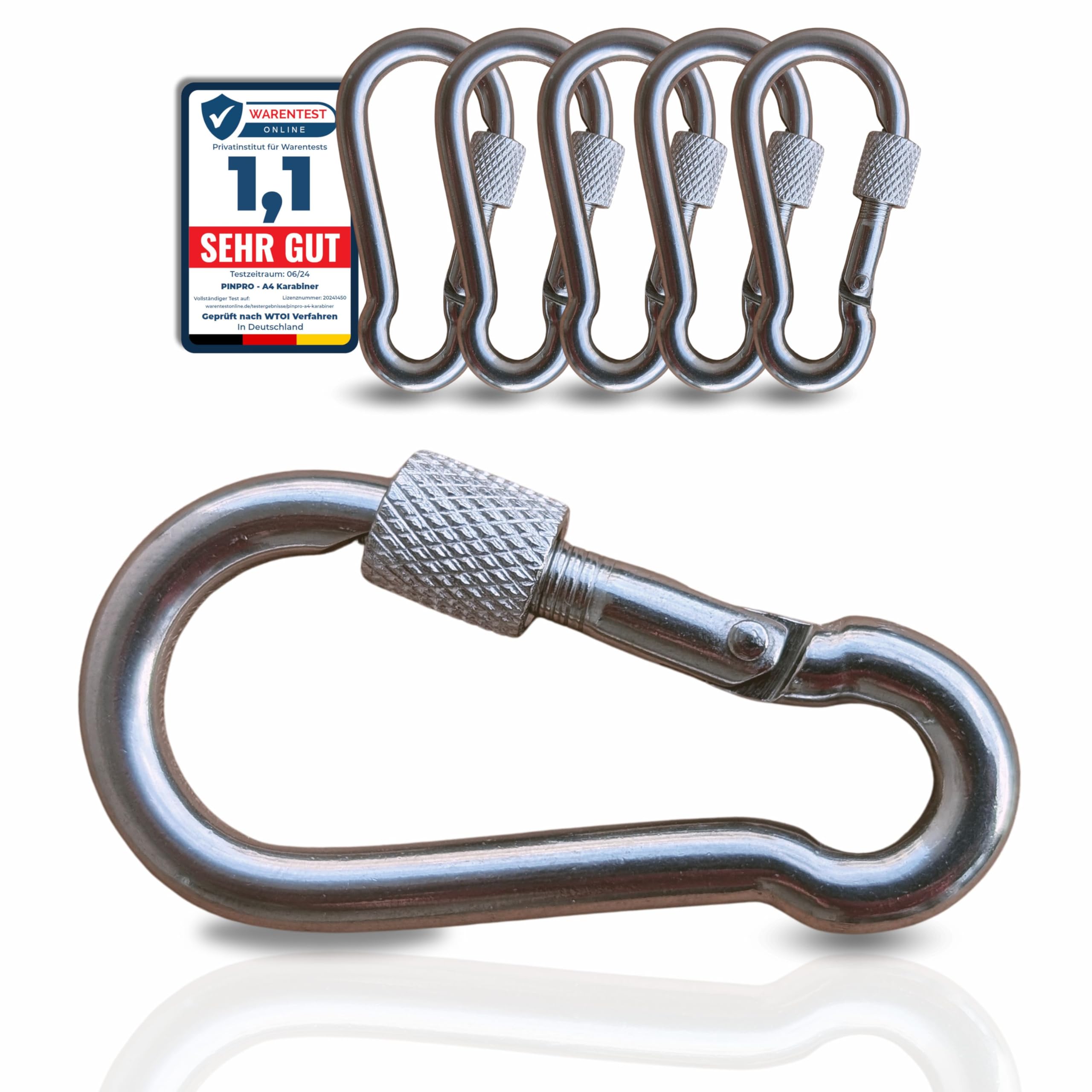PinPro A4 Edelstahl Schraubkarabiner | 60x6mm - 6 Stück | 480 kg Bruchlast | Rostfreier NIRO AISI 316 Karabiner mit Sicherheitsmutter
