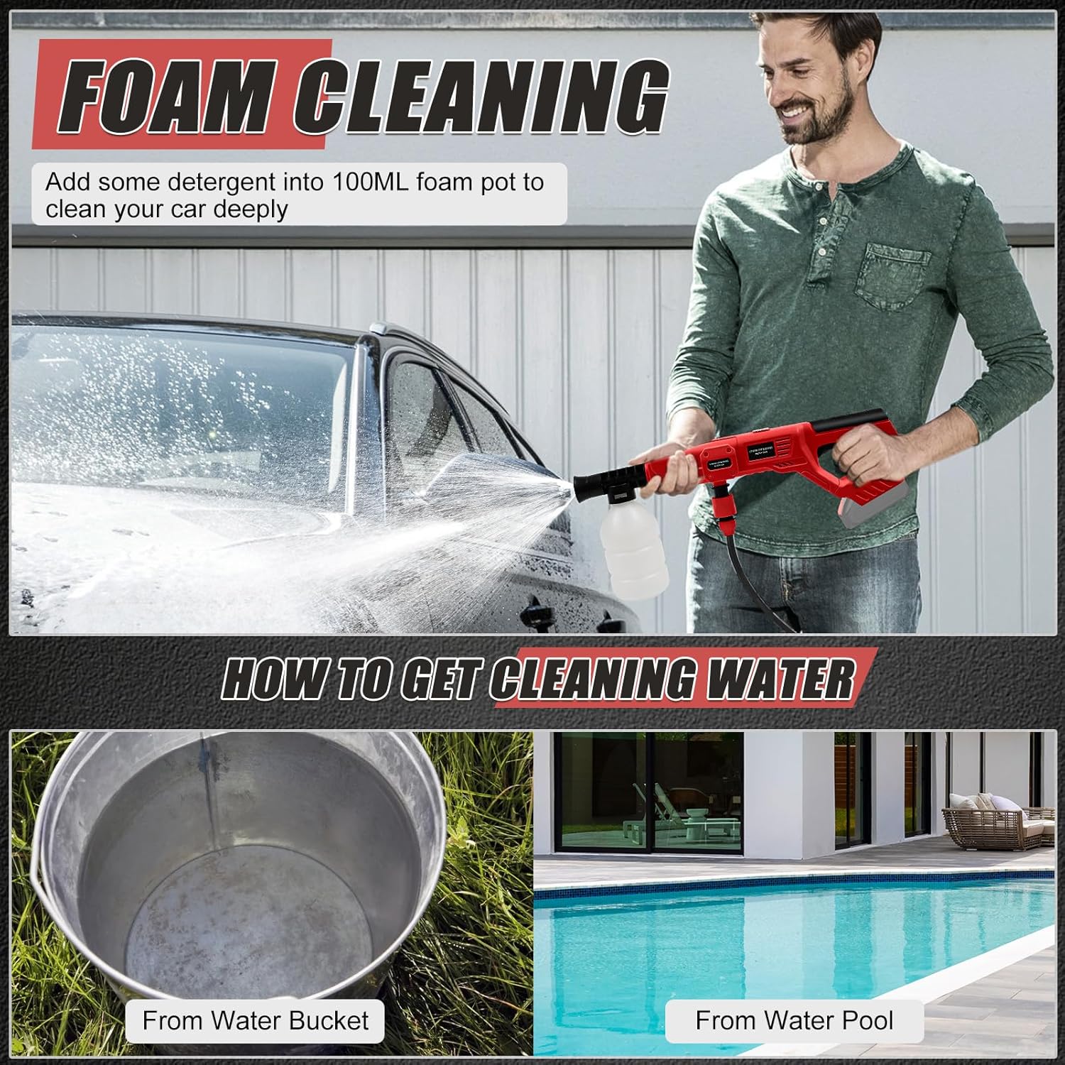 Cordless Pressure Washer Compatible with Milwaukee 18V Battery, 800 PSI Portable Handheld Power Washer 6 in 1 Nozzle, 16.4ft Hose, for Car, Garden, Floor, Fence Cleaning (NO Battery)