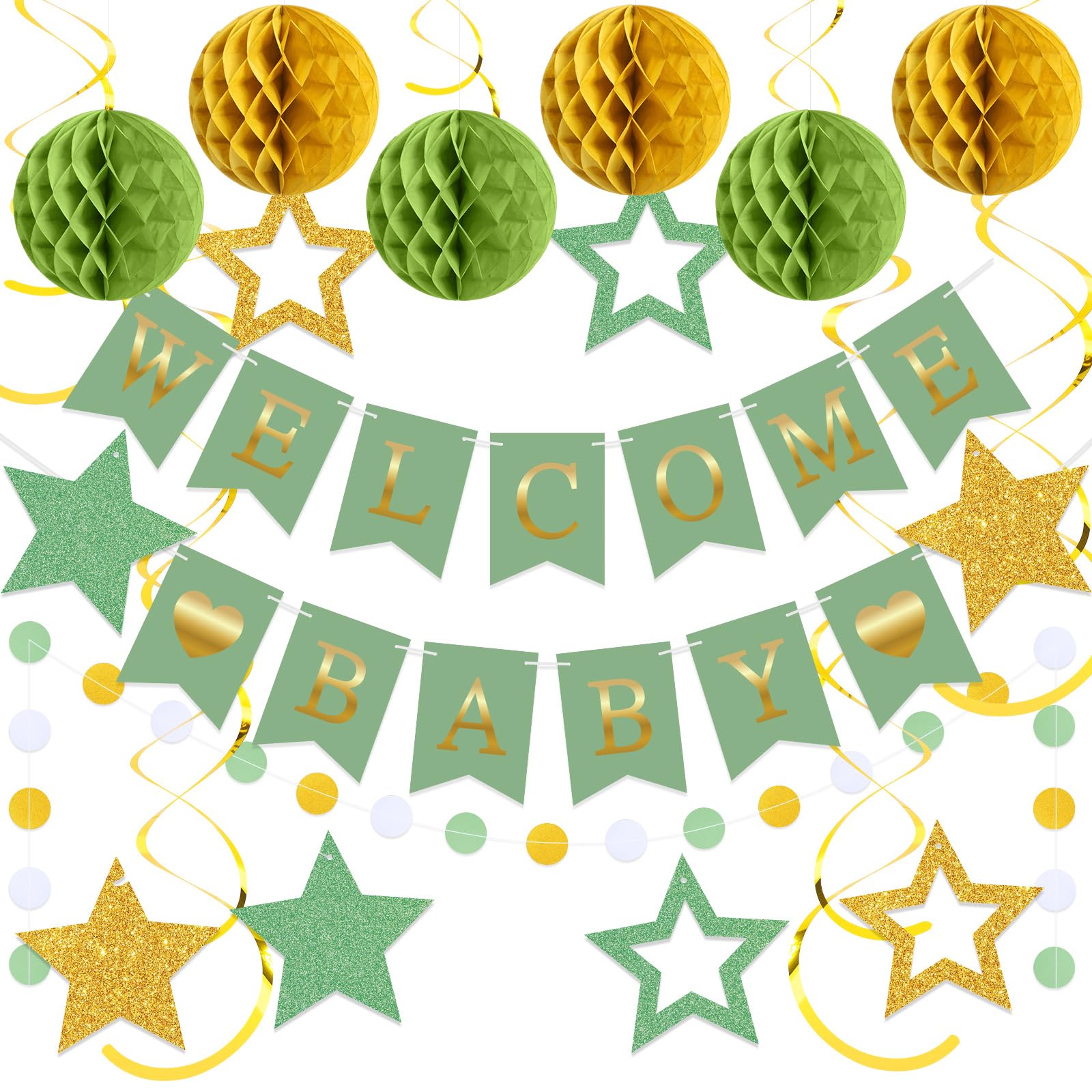 WinnerWhy 25 Pcs Baby Shower Sage Green Decoration, Neutral Green Welcome Baby Banner with Glitter Stars, Hanging Swirls, Honeycomb Balls, Circle Dots Decorations for Gender Neutral Reveal Party Decor
