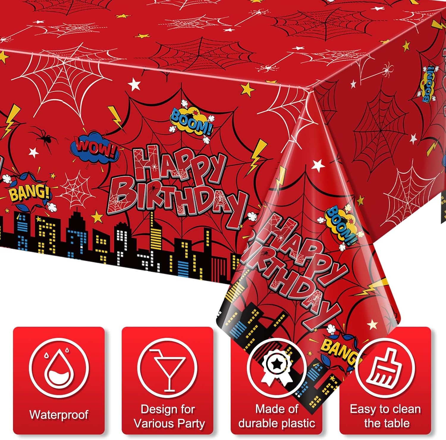 3Pcs Spider Birthday Party Tablecloth Decorations, Disposable Plastic Cartoon Spider Tablecloths Red Table Cover for Rectangle Table Boy’s Birthday Party Supplies, 54x108 inches