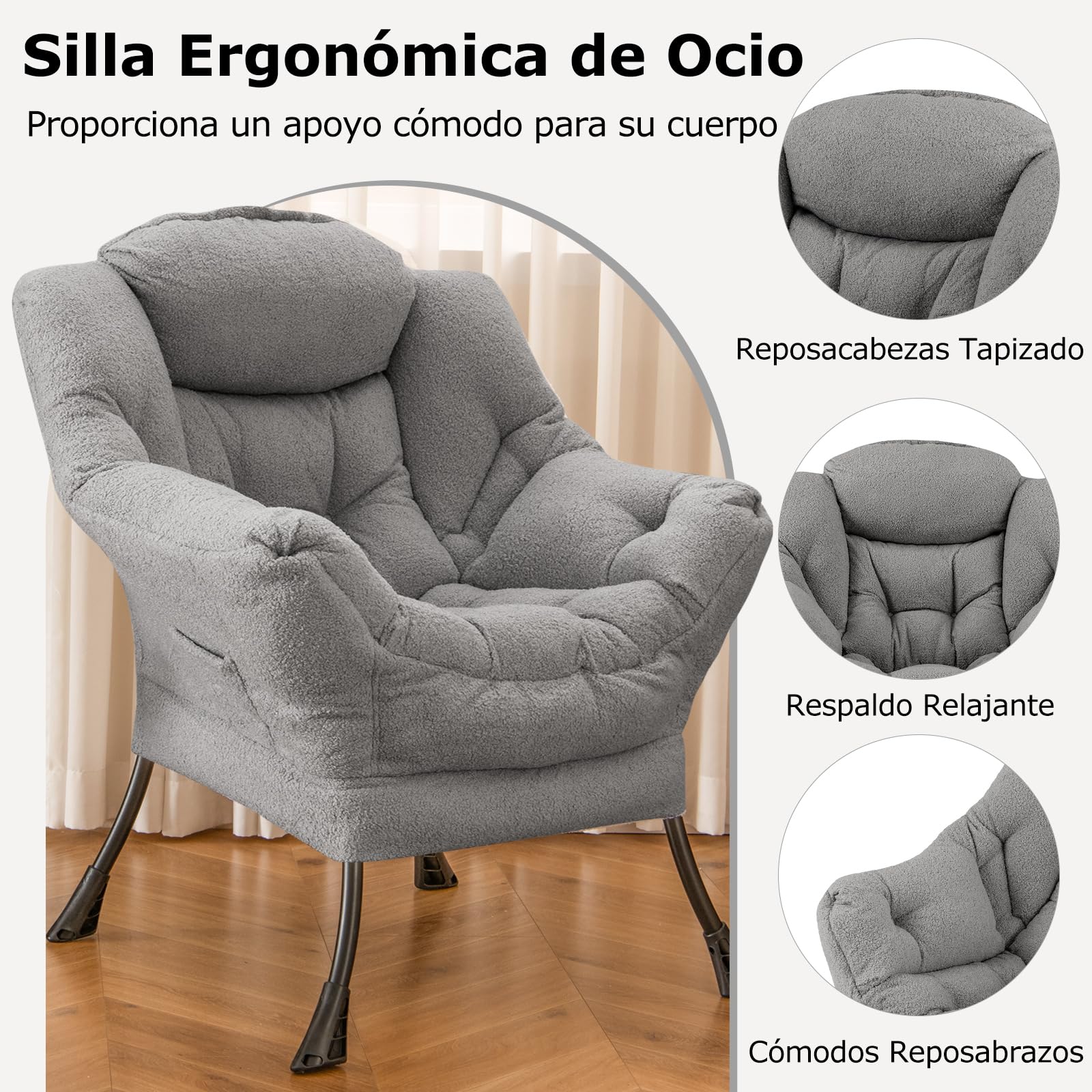 GIANTEX Sillón de Lectura Moderno con Estructura Metálica, 80 x 74 x 97 cm, Silla de Sofá Tapizado de Vellón Falso, Sillón Individual con Reposabrazos y Bolsillo Lateral, para Salón, Oficina (Gris)