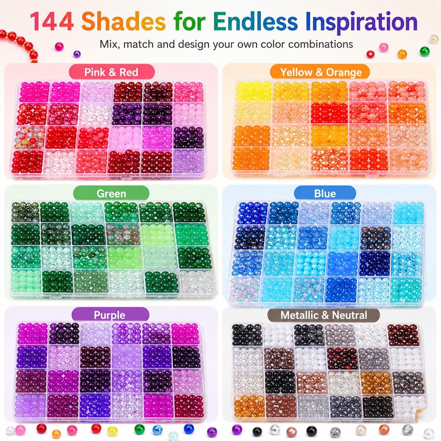 SONGIN 8mm Glass Beads for Jewelry Making, 144 Colors 1728PCS Round Crystal Beads Kit with 6 Organizer Boxes, Assorted Glass Bead Set for Bracelets, Earrings, Necklaces, DIY Crafts