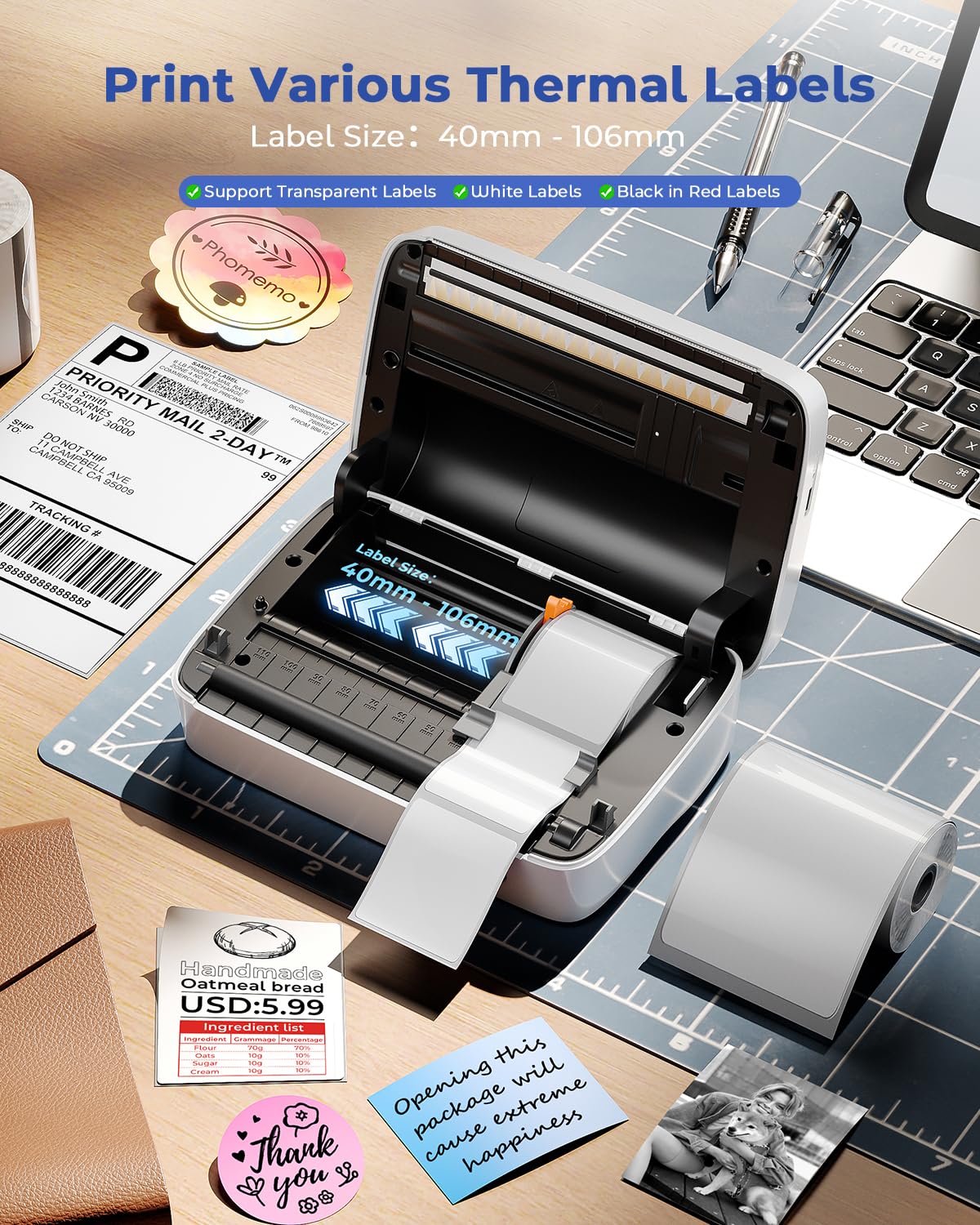Phomemo M421 Stampante per Etichette da 4 Pollici, etichettatrice Bluetooth con 1 Rotolo 4x6 Etichette, Supporta larghezza di stampa 40-106 mm, per Piccole Imprese, Ufficio, Casa