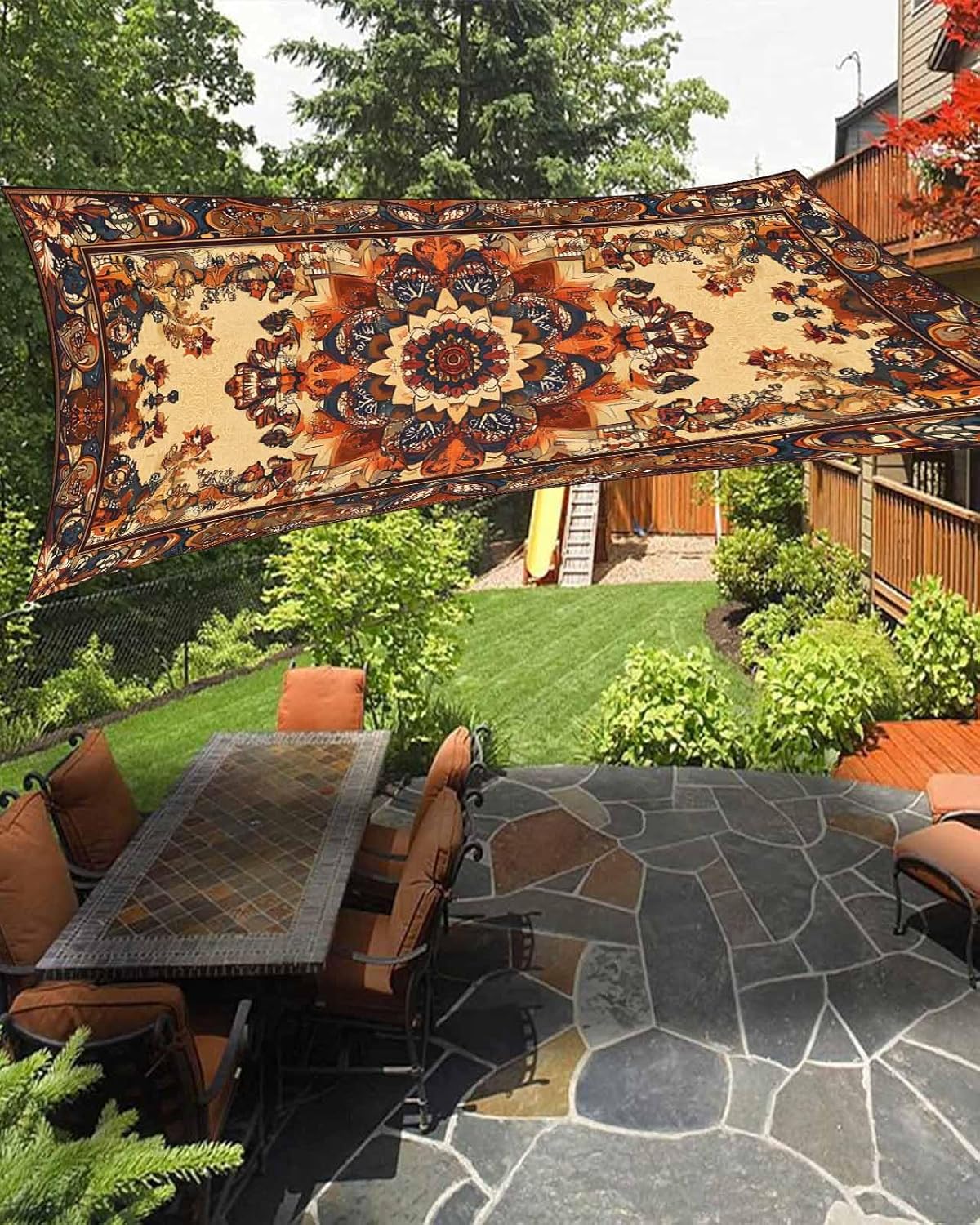 Bohemian Flower Sun Sail Shades Rectangle Canopy,Sunlight Block Heavy Duty Curved Backyard Shade Cover,Boho Tribal Colorful Distressed Printed Waterproof Sun Shades for Patios Garden Pergola 8'x10'