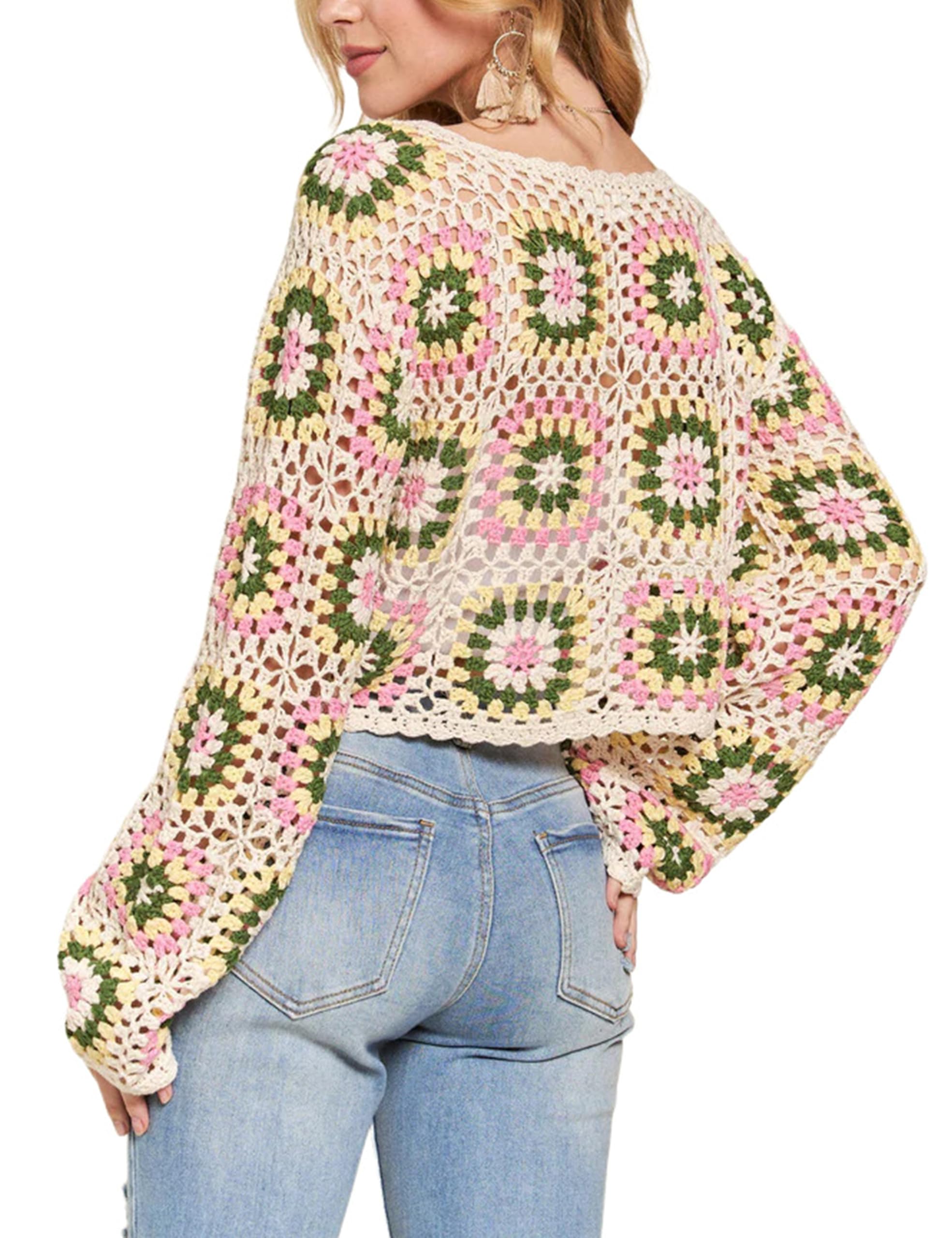Ailoqing Crochet Sweaters for Women Boho Knit Cropped Color Block Long Sleeve Pullover Tops