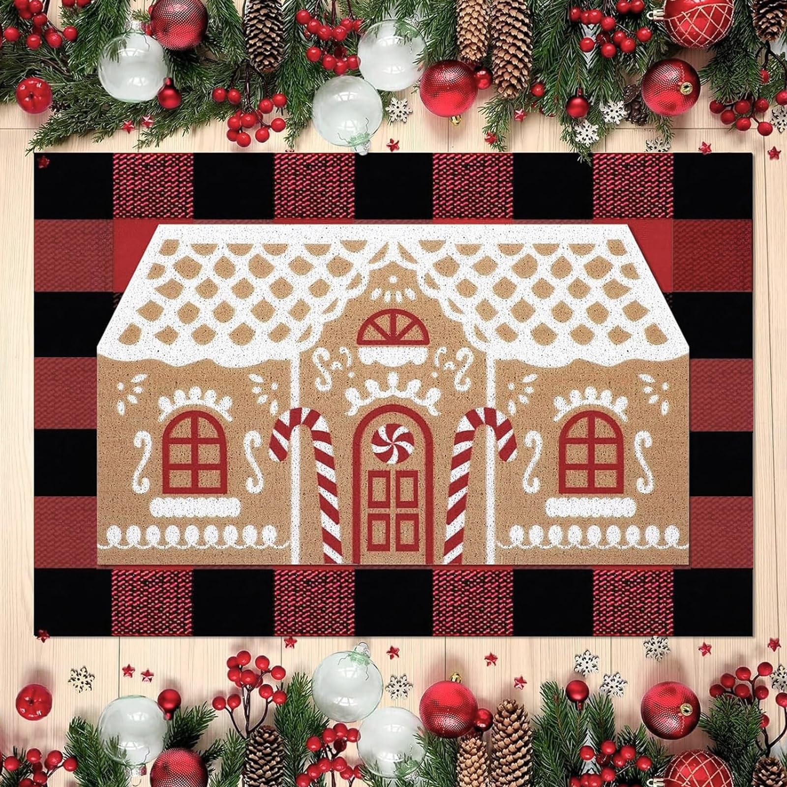 Tinideya Fußmatte mit Aufschrift "Merry Christmas", rutschfest, Motiv Lebkuchenhaus, Dorf, bunt, Weihnachtsmotiv, Büffelkariert, gestreift, für Eingangsbereich, Lebkuchenhaus, 2 Stück