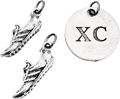 Running SHOE XC Round Pewter Charm Set - Pair of Running Shoe Charms - TWO (2) Pewter Running Shoe Charms and 1 Round Pewter XC Pendant in Organza