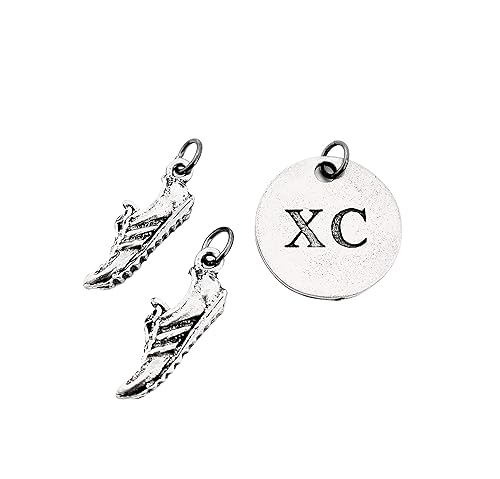 Running SHOE XC Round Pewter Charm Set - Pair of Running Shoe Charms - TWO (2) Pewter Running Shoe Charms and 1 Round Pewter XC Pendant in Organza