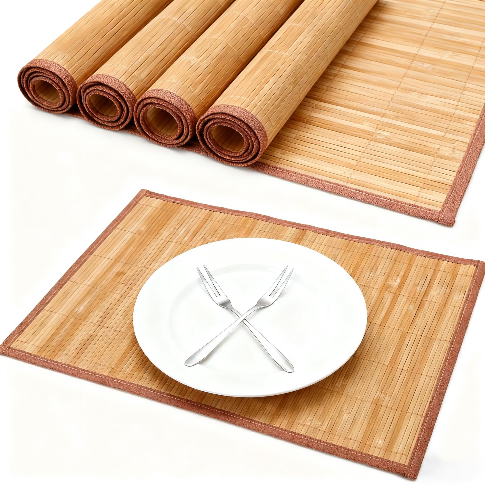 KQDRAVINE 4 Stück Tischset aus Bambus, 45 × 30 cm Platzdeckchen Abwaschbar, Tisch Platzset Hitzebeständige, Rutschhemmend, Waschbar, Aufrollbar, für Küche Speisetisch Küche, Haushalt & Wohnen