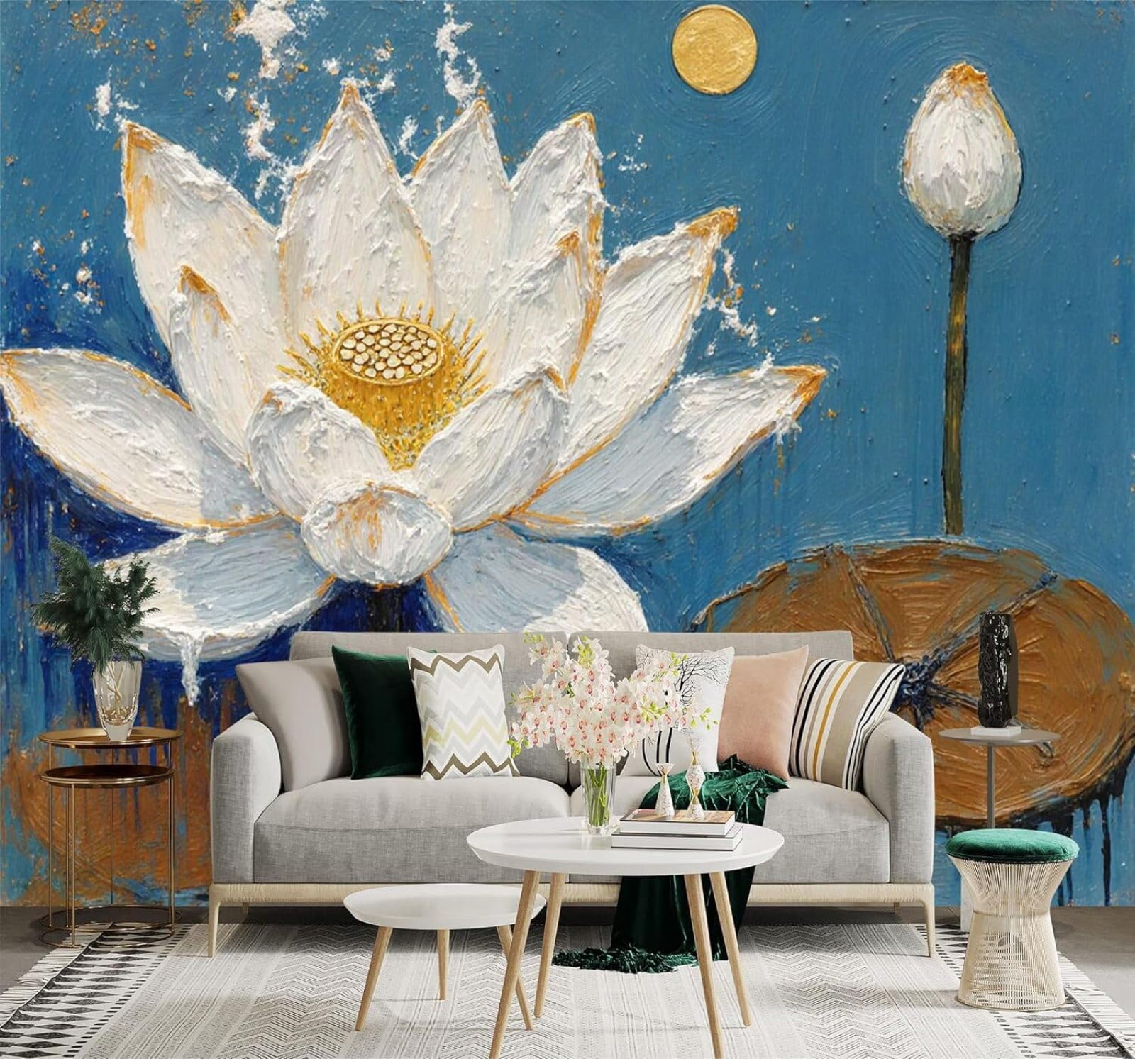 Xlming 430Cm×300Cm(B×H) Hand Drawn White Lotus Abstract Blue Golden Moon 3D Wallpaper Silky Texture Home Study Office Grey Dining Room Sofa Bedroom Living Room Tv Backdrop-430Cm×300Cm