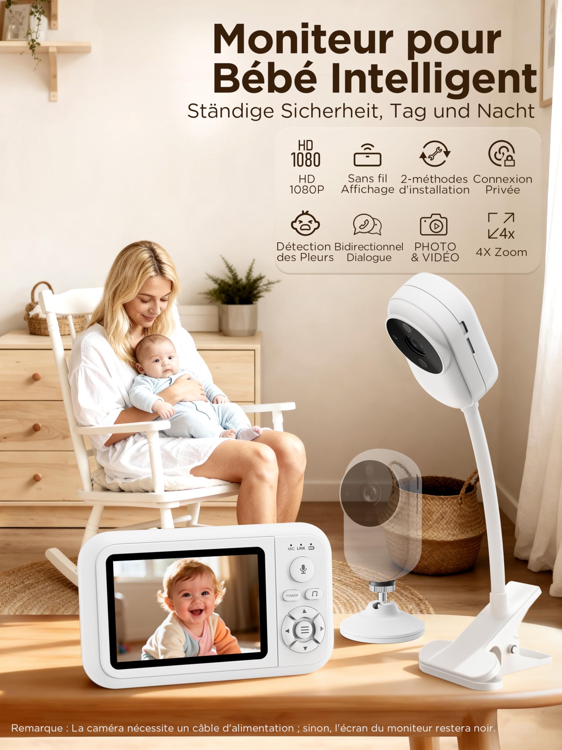 NUOTUN Babyphone Camera sans WiFi avec Support Lit, 1080P Camera Bebe Surveillance avec 3.5" IPS écran, Audio Bidirectionnel, Détection des Pleurs, Vision Nocturne, Berceuses