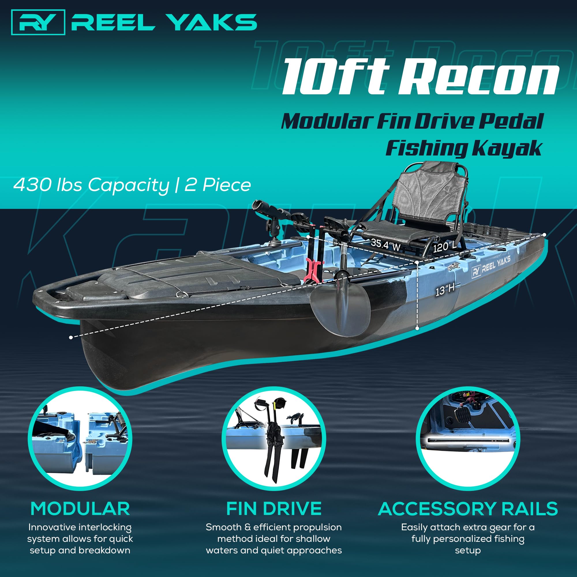 Reel Yaks Recon Modular Fishing Kayak - 10.5ft Lightweight Fin Drive, Sit On Top Kayak for Adults & Youth - Stable & Portable, Ideal Space-Saving Design - 430 lbs Capacity - Blue Gray