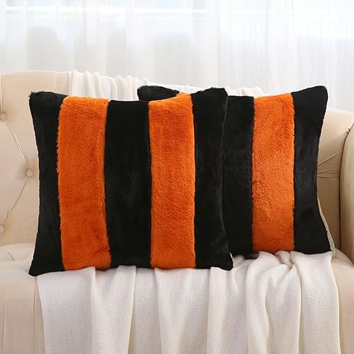 Juego de 2 fundas de almohada a rayas negras y naranjas de 18 x 18 pulgadas, decoraciones de otoño para el hogar, fundas de almohada decorativas,