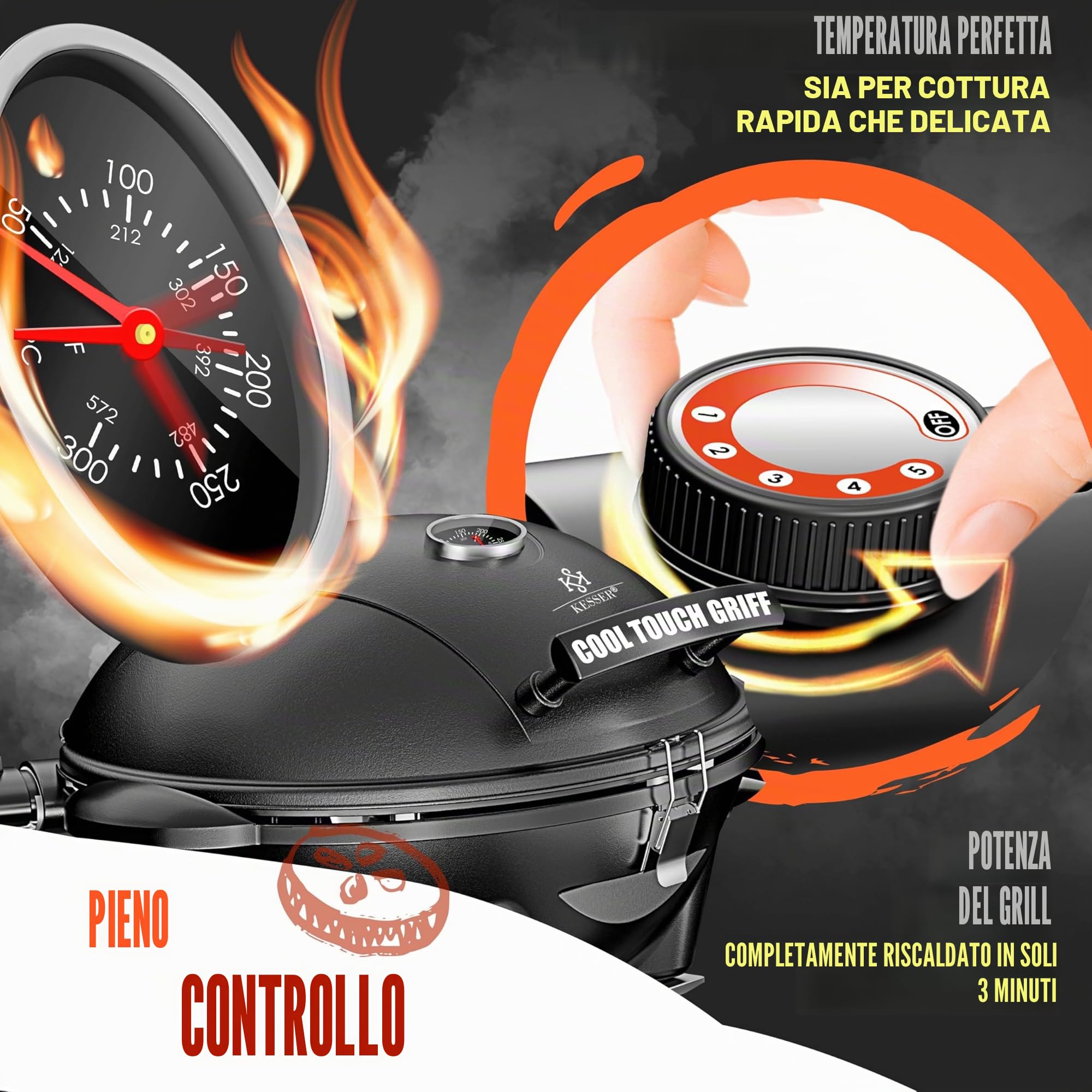 KESSER® Griglia elettrica 2in1 da tavolo - griglia da terra con coperchio | max. 2400 Watt | Pieghevole | Termostato | Rivestimento antiaderente | Piastra griglia tavoli di appoggio | 2 ruote | incl