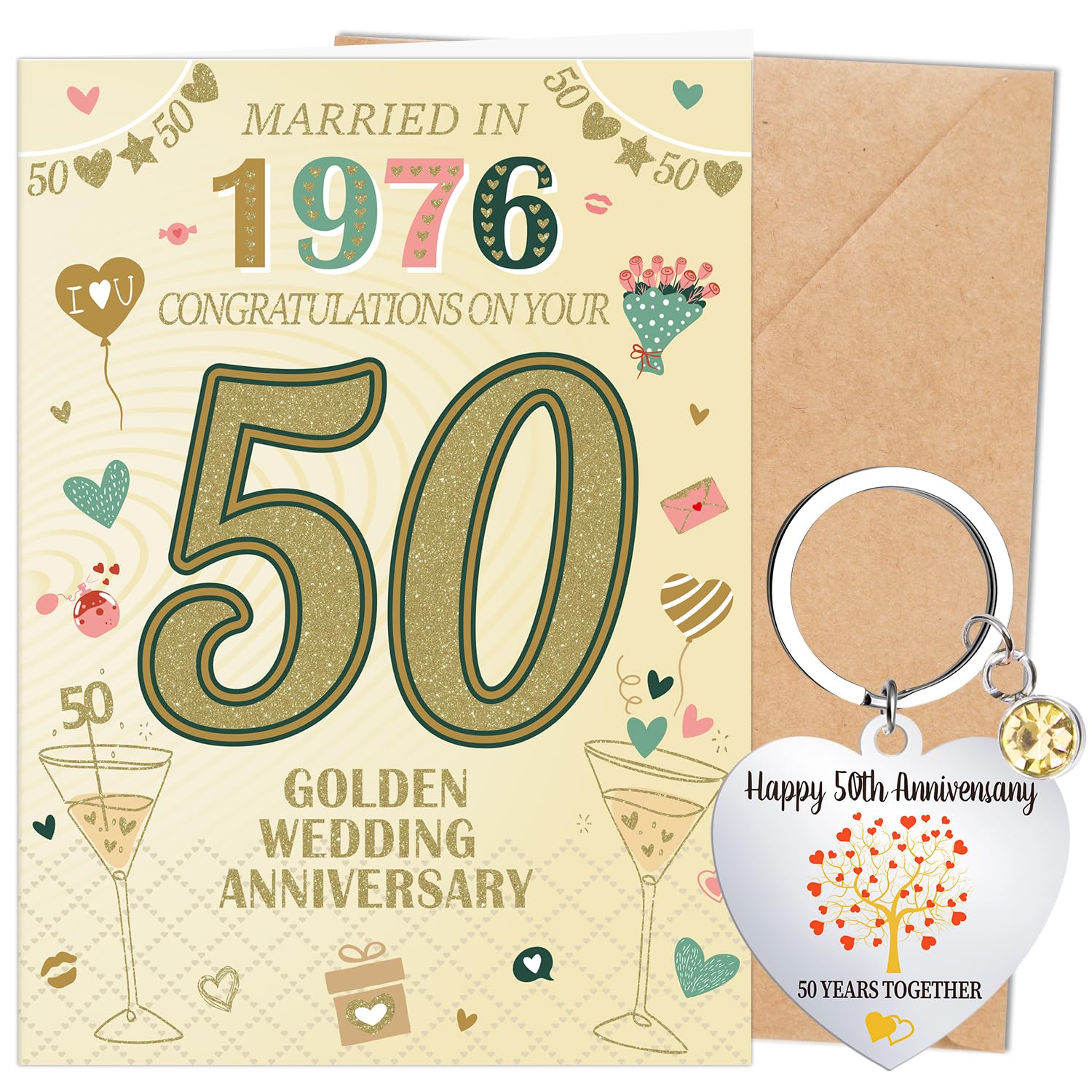 Luvart 50th Wedding Anniversary Card Gift - Golden Wedding Anniversary Greeting Card with Keychain Golden 50 Years Marriage Gifts for Parents Friends Him Her Spouse Couples