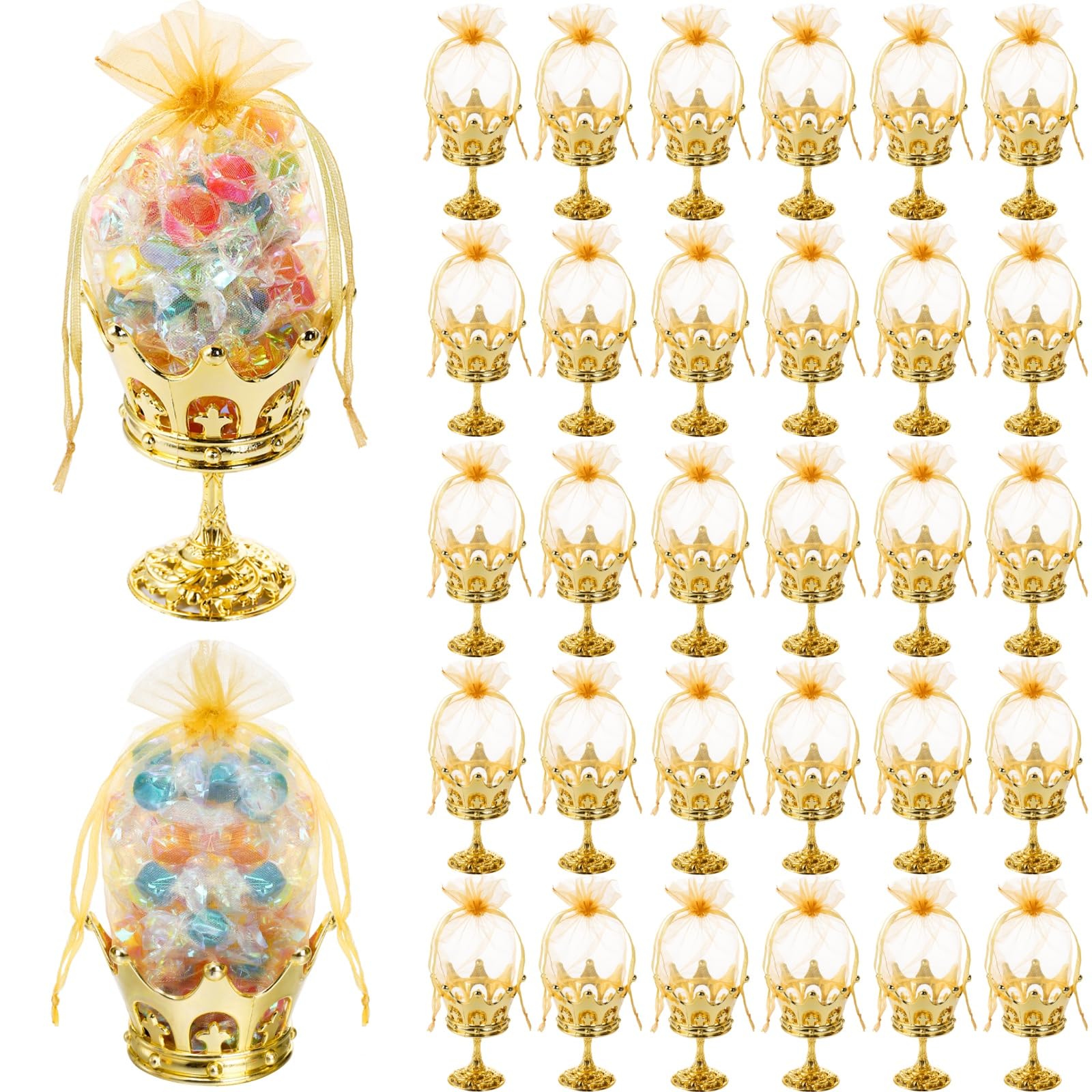 30 Pack Fillable Crown with Pouch, Gold Plastic Goblet with Drawstring Bags, Decorative Candy Storage Boxes Party Favor Container for Candy Chocolate Cake Dessert Princess Wedding Birthday