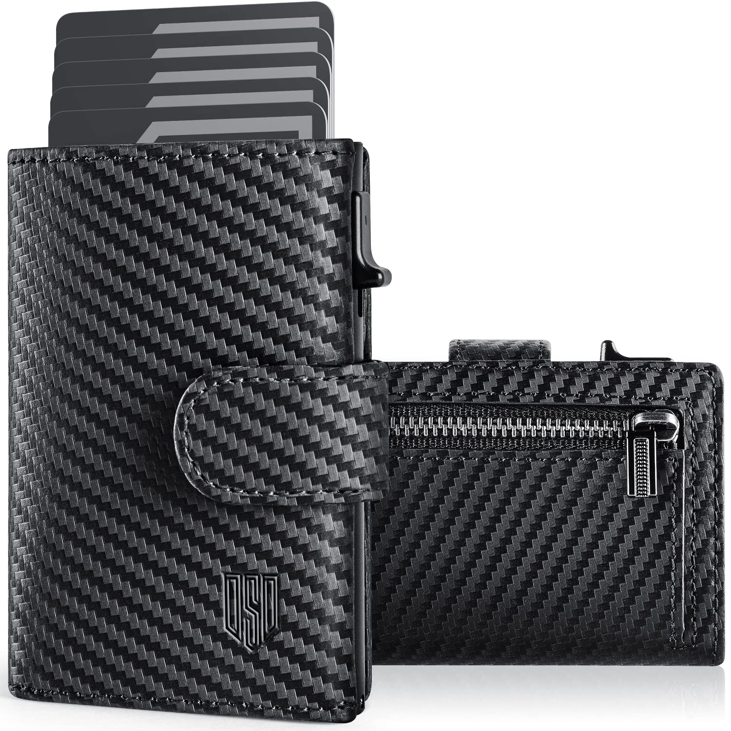 DODENSHA Portafoglio Uomo con Porta Carte di Credito e Portamonete | Slim RFID | Scomparto per Contanti | Custodia in Metallo per 8-10 Carte | Slot ID | Carbonio