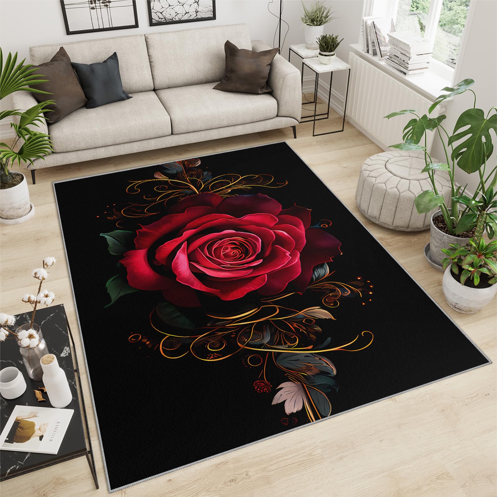 QDJKBL Area Rugs 180 X 270 Cm Red Romantic Rose Flower Floral Scent, Plant Leaves Valentine'S Day Black Gold Large Area Rug, Shock Absorption Carpet Shaggy for Bedroom Living Room