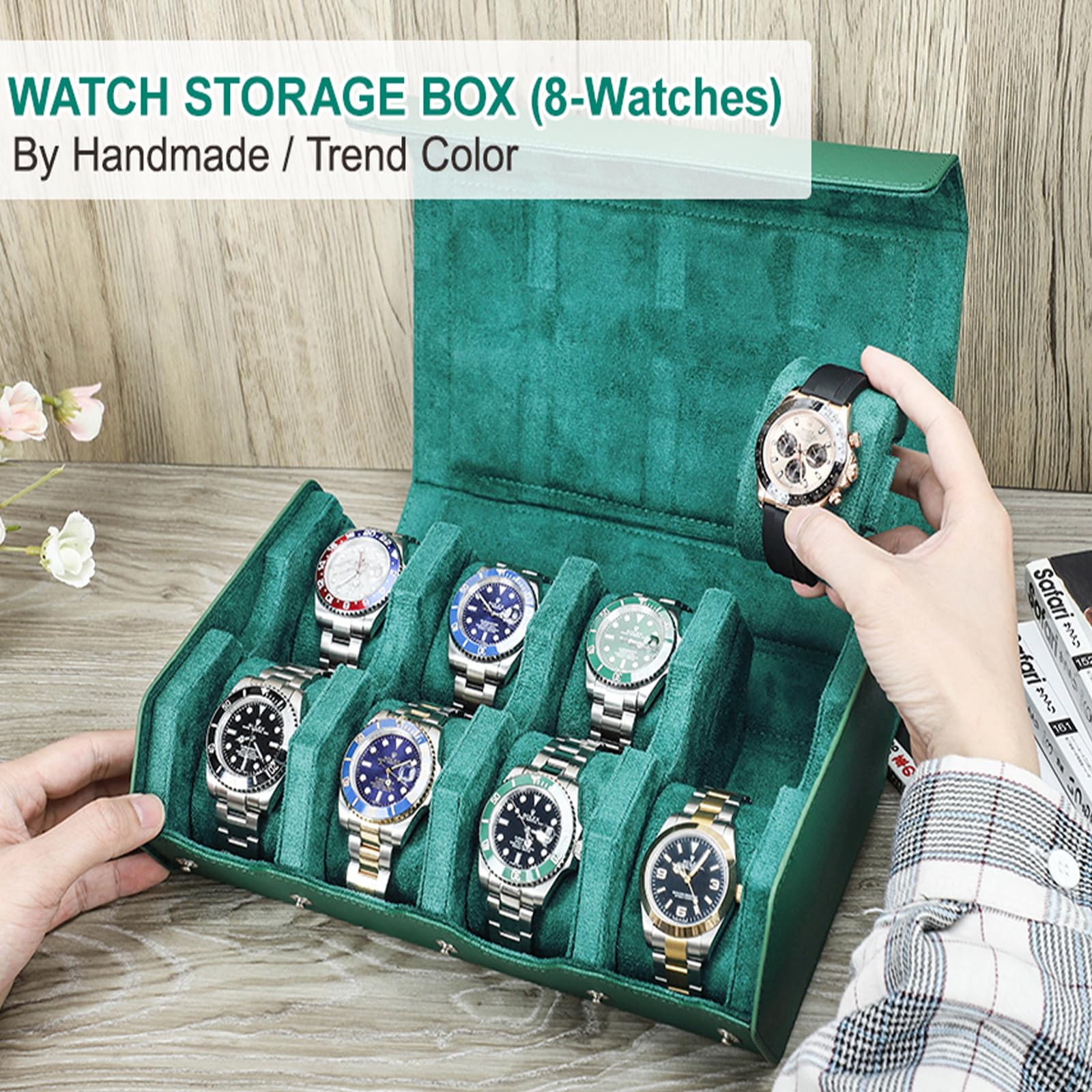 Estuche para relojes Hiram Hexagon de cuero Saffiano auténtico, con capacidad para 8 relojes, estuche protector de cuero con 8 ranuras para relojes, organizador de exhibición de relojes para hombres