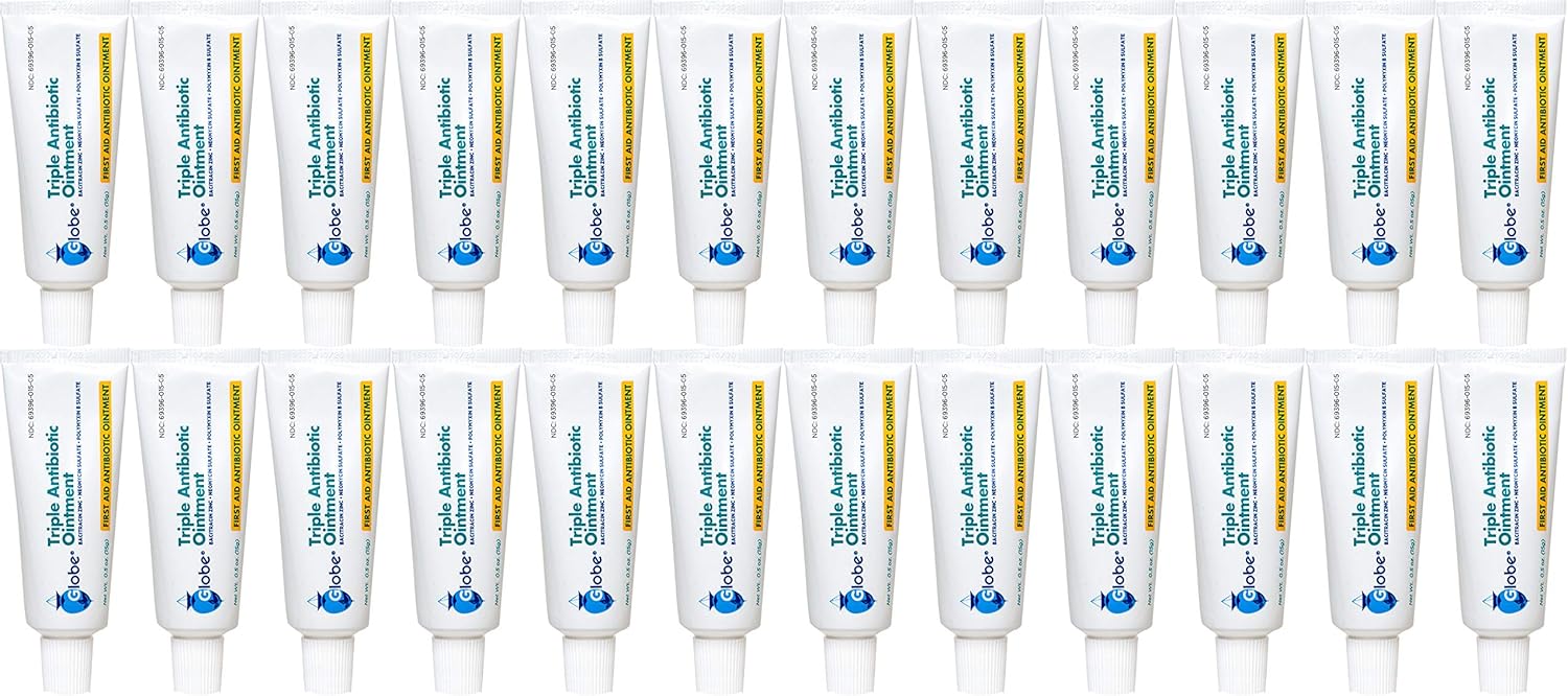 Globe Triple Antibiotic First Aid Ointment, 0.5 oz (24-Pack) First Aid Antibiotic Ointment, 24-Hour Infection Protection, Wound Care Treatment for Minor Scrapes, Burns and Cuts