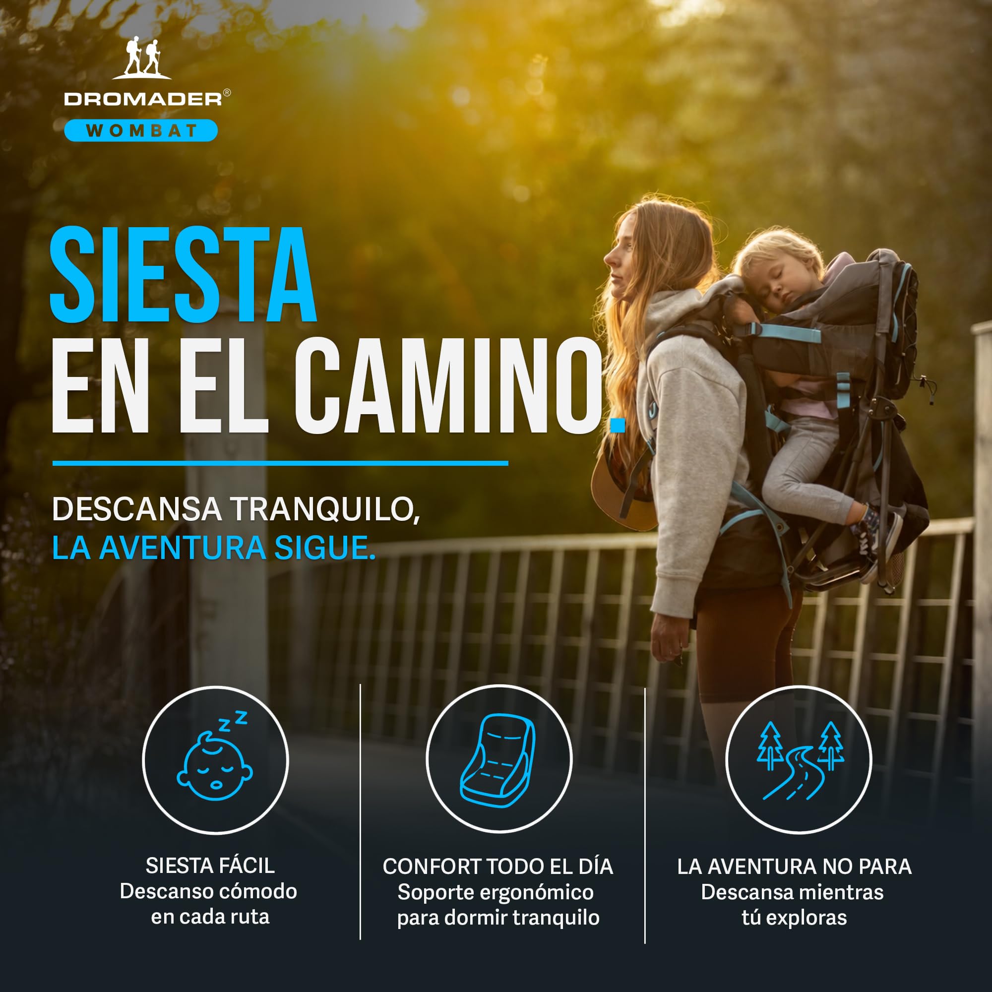 DROMADER Mochila Portabebe Montaña - Portabebes Senderismo hasta 22kg con Protector Solar, Protector de Lluvia, Bolsillo Térmico y Cambiador - Estructura Plegable con Una Mano - Negro y Azul