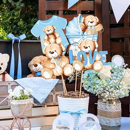 Miniatura 7 de 26 piezas de oso de peluche para baby shower, centro de mesa con texto en inglés "We Can Bearly Wait", decoración de baby shower, suministros de