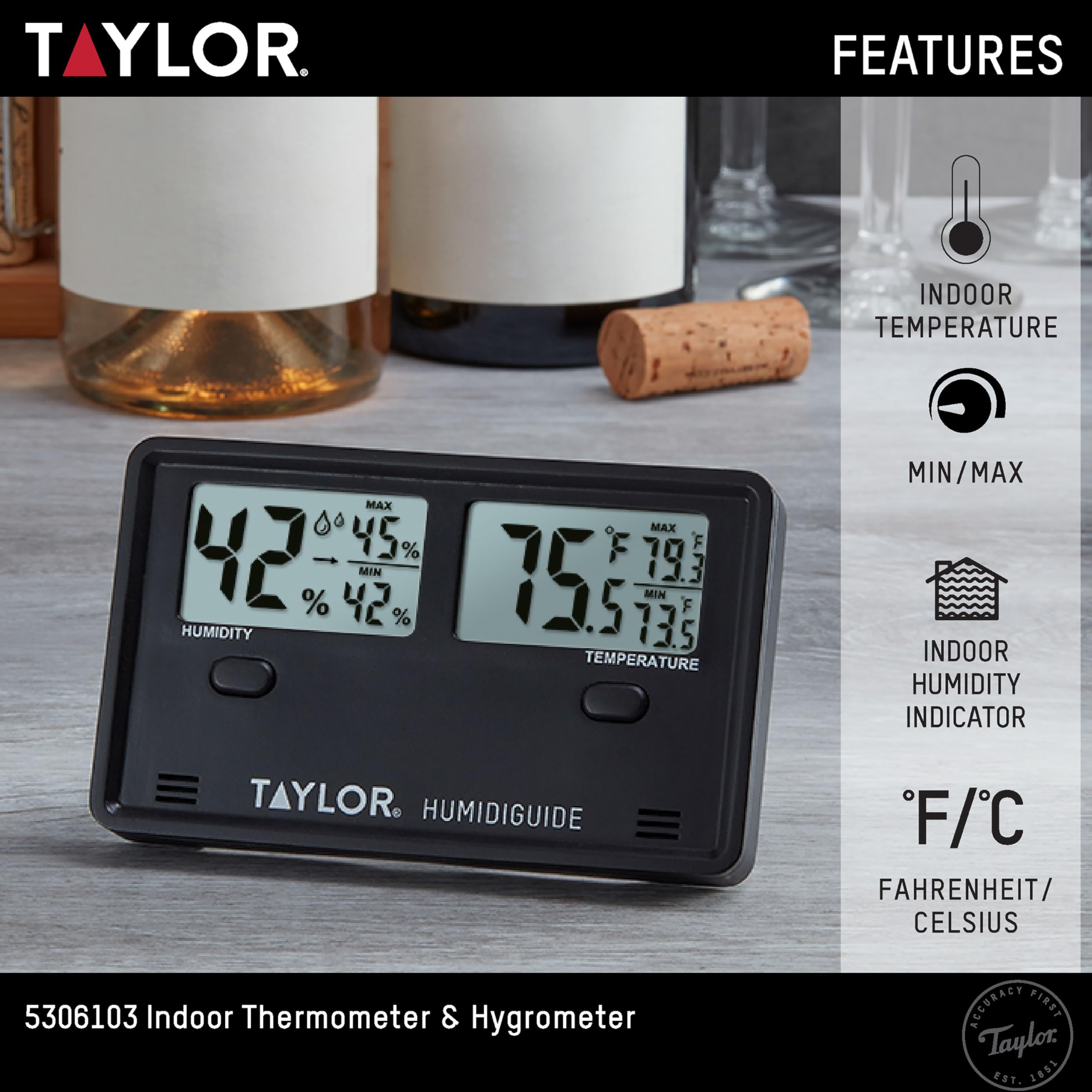 Taylor Termómetro e higrómetro digital inalámbrico para interiores y exteriores, pantalla dual para temperatura y humedad, fácil de leer para el hogar, oficina, invernadero, guardería y áreas
