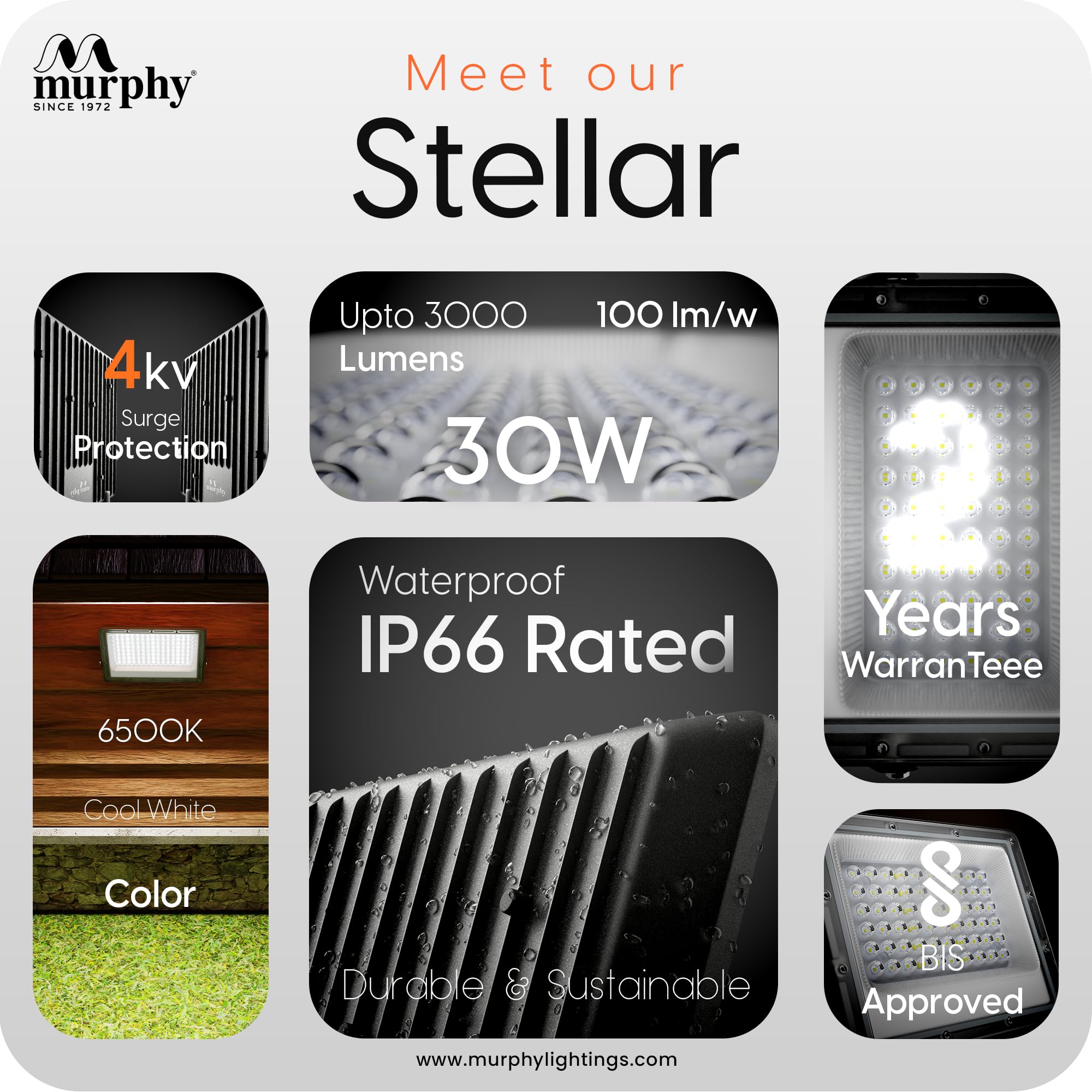 Murphy Stellar 30W LED Flood Light with 2-Year Warranty | Cool White | High Brightness Outdoor LED for Security, Landscape, Warehouse, Backyard | IP66 Waterproof | BIS Approved Pack of 1 1