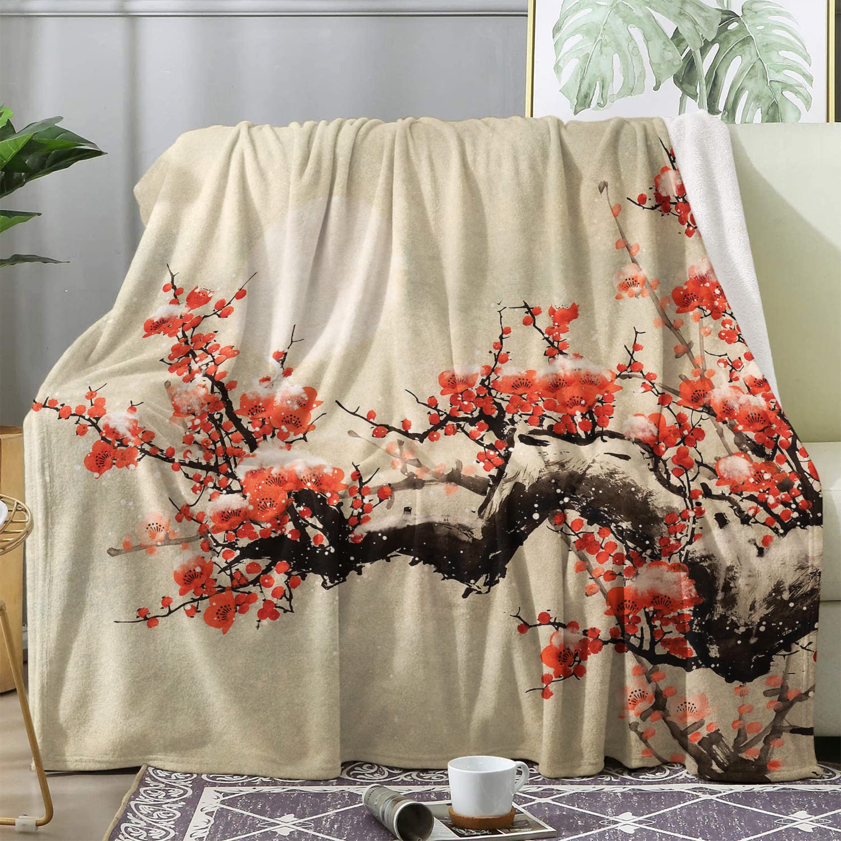Couverture 2 Personnes BUKITA Thème Plante pour Soirées Cocooning au Salon