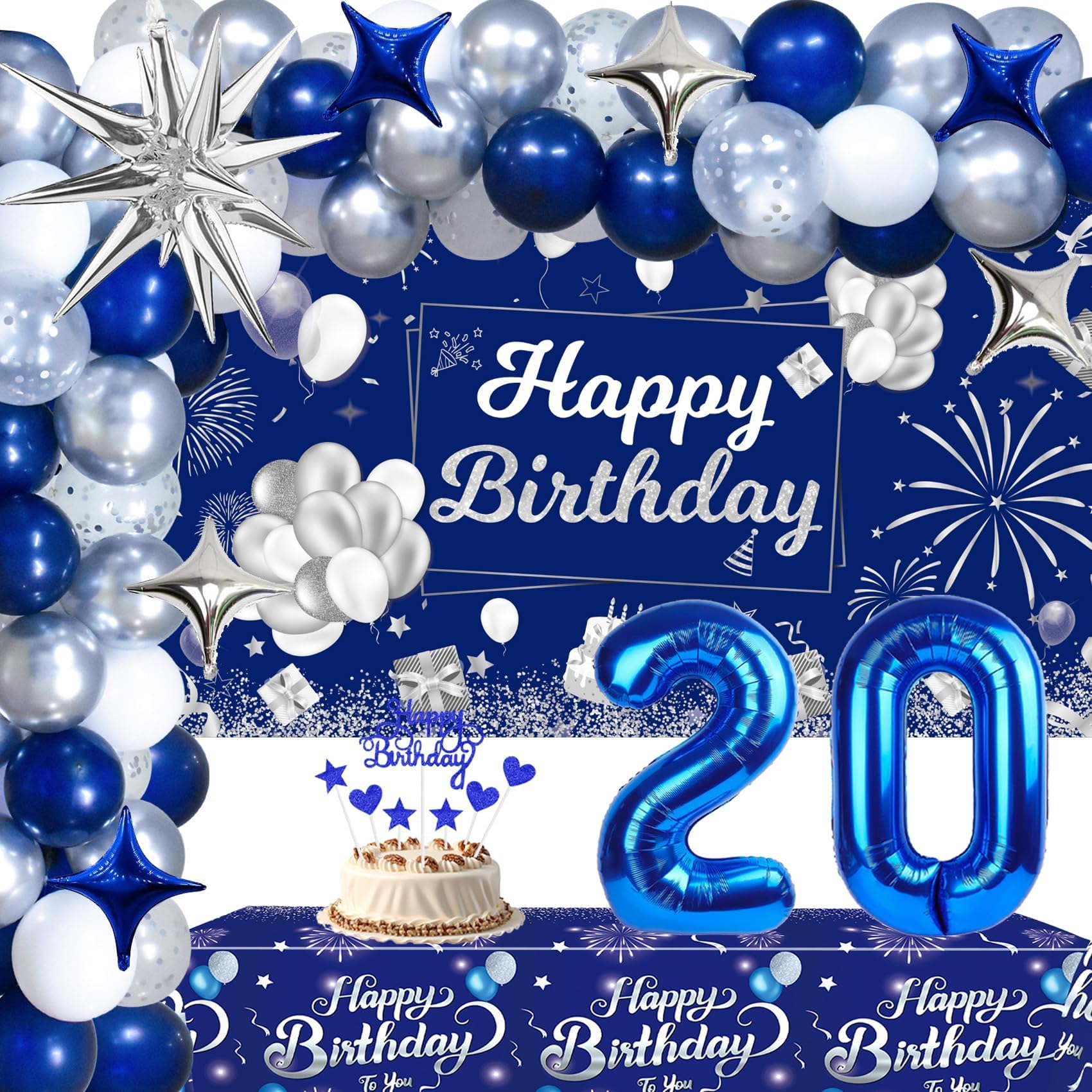 NANINUNENO Blue 20th Birthday Decorations for Him Her, 20th Silver and Navy Blue Birthday Decorations for Men Women with Happy Birthday Backdrop
